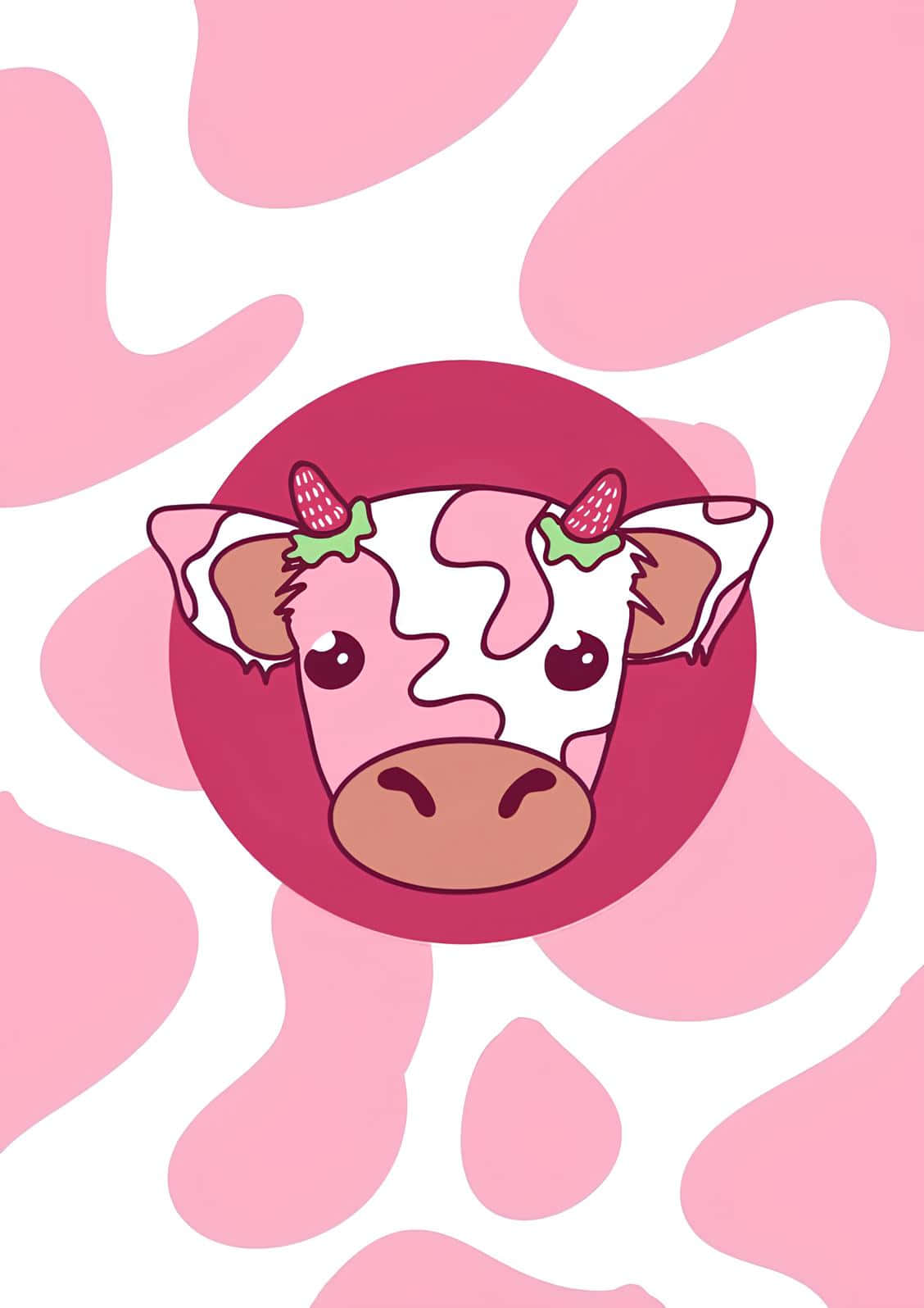 Strawberry Adorned Pink Cow Illustration Wallpaper