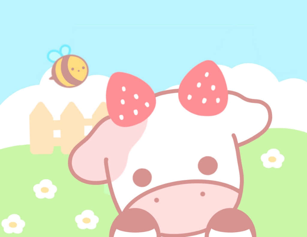 A playful strawberry cow resting in a lush green field