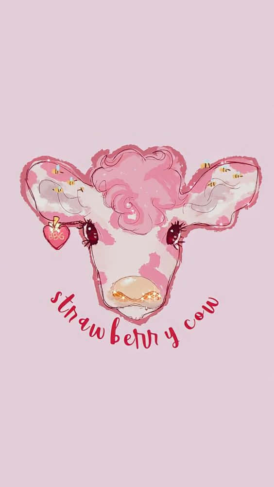 Strawberry Cow Illustration Pink Background Wallpaper