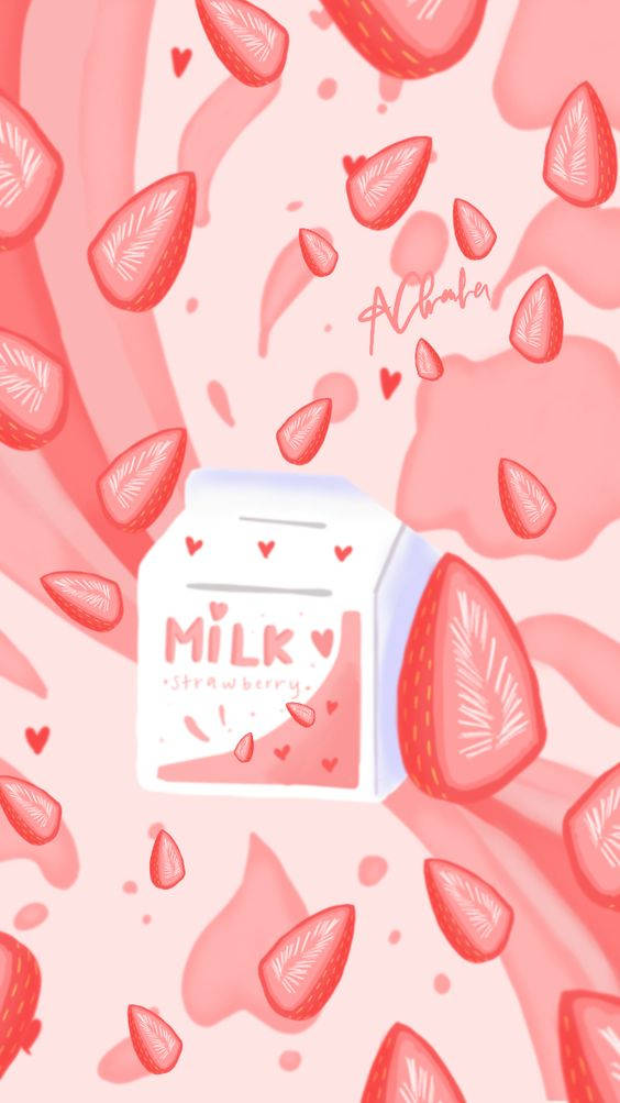 En pink baggrund med jordbær og mælkesplaske Wallpaper