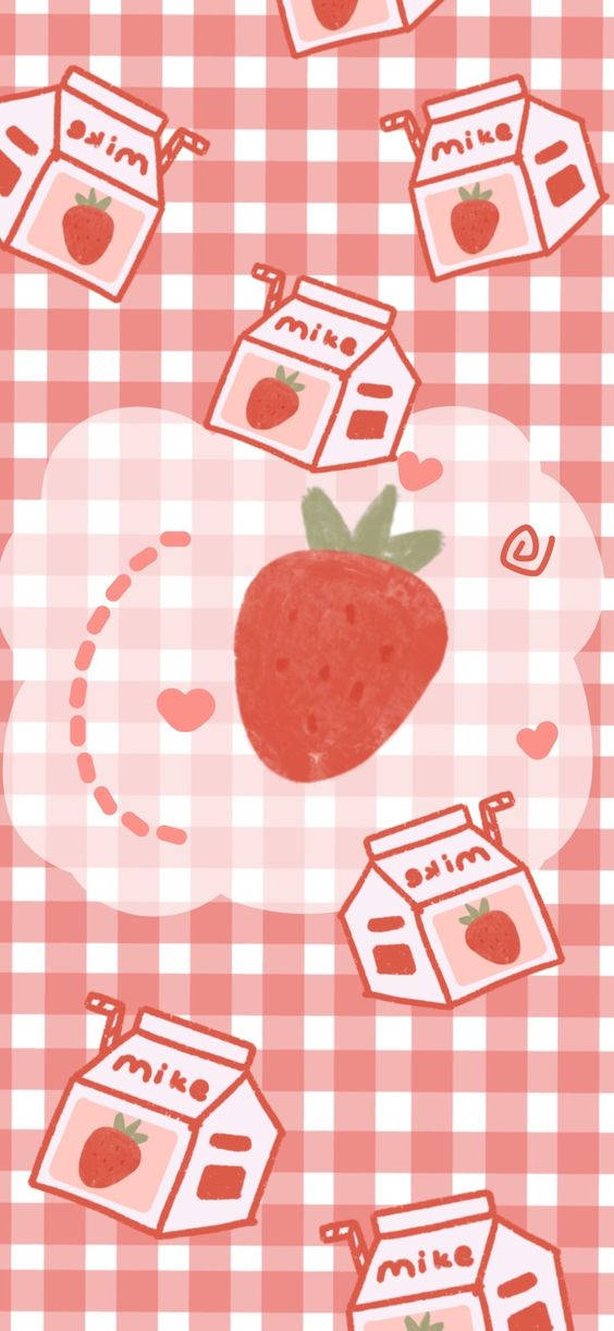 Strawberry And Milk On A Checkered Background Wallpaper
