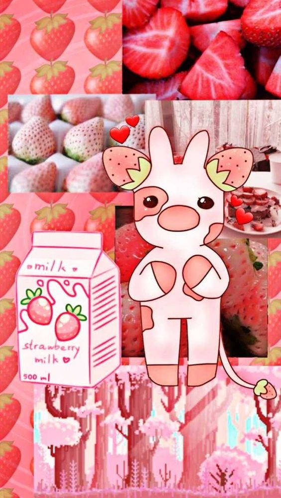 A Collage Of Pink Pictures With A Cow And Strawberries Wallpaper