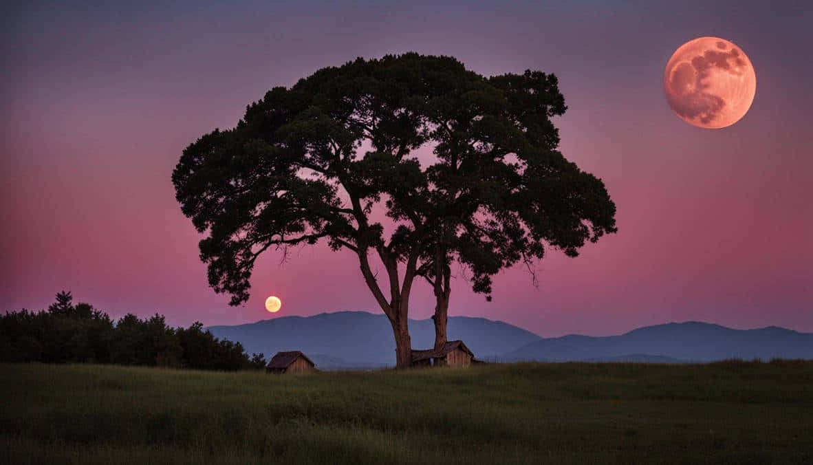 Lune Fraise Au-dessus D'un Paysage Pastorale Fond d'écran