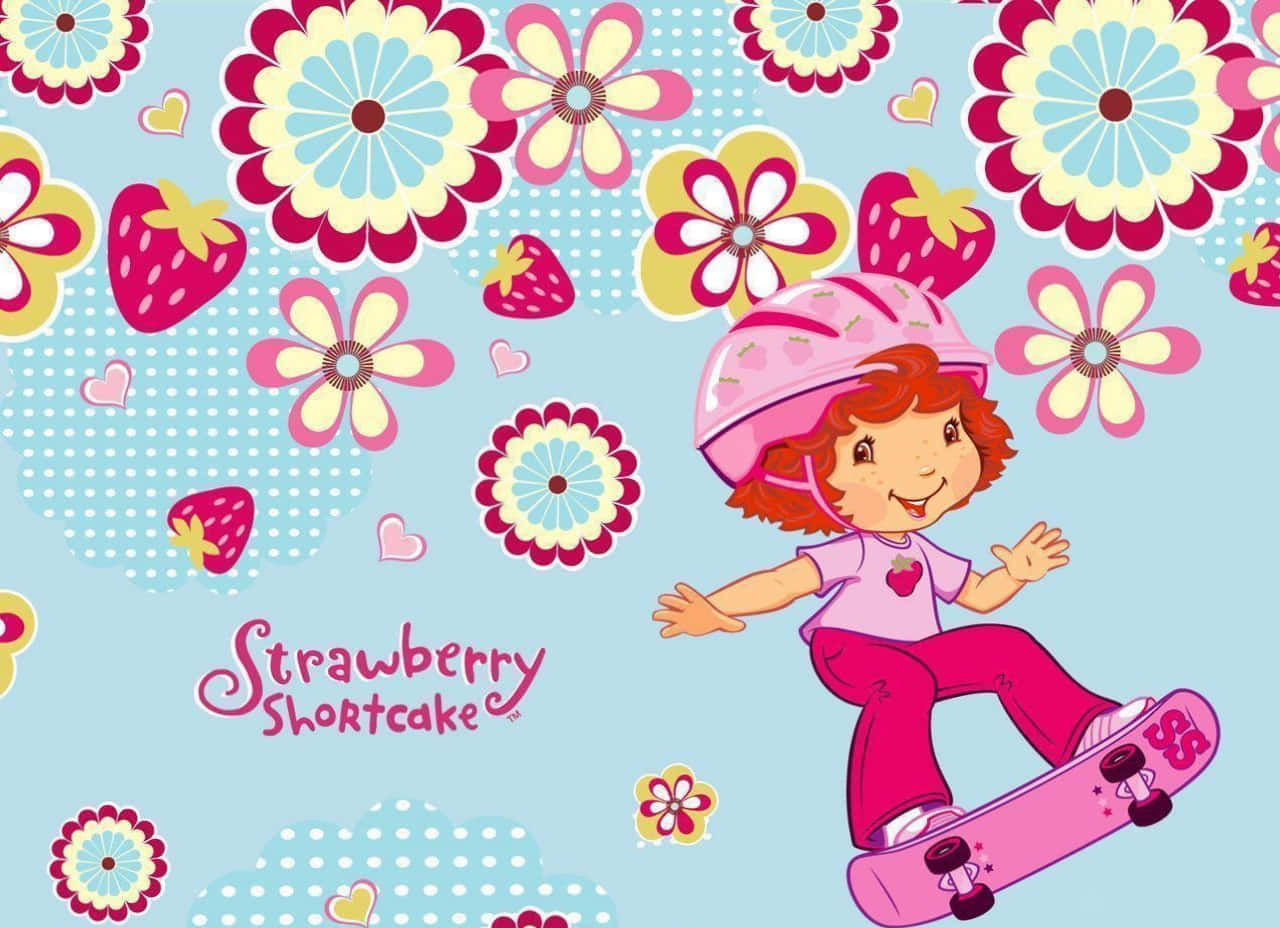 Pink Strawberry Shortcake Skateboarding With Flowers Wallpaper
