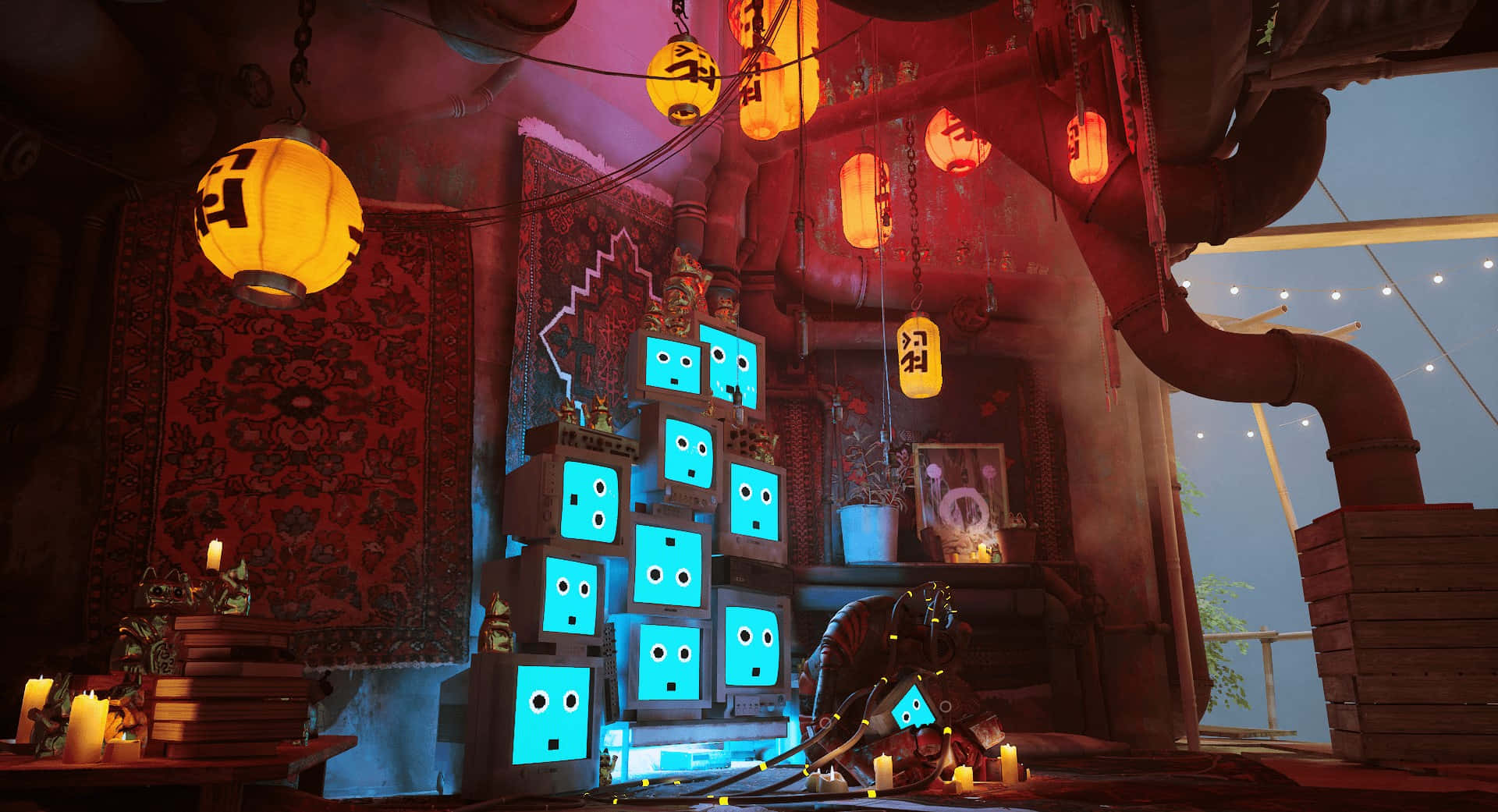 Stray_ Game_ Blue_ Robots_ Shrine Wallpaper