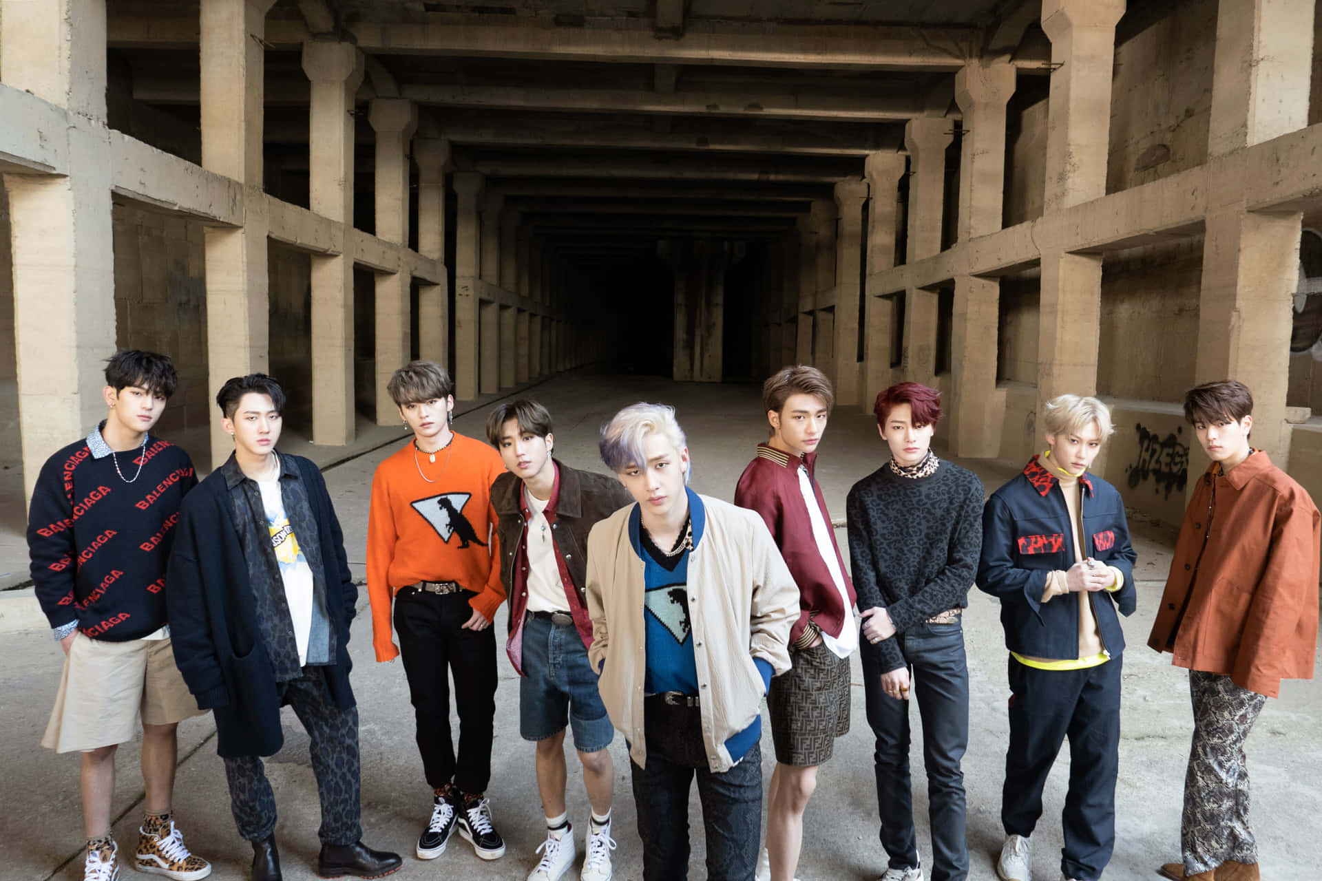 Stray Kids Group Photo Industrial Backdrop Wallpaper