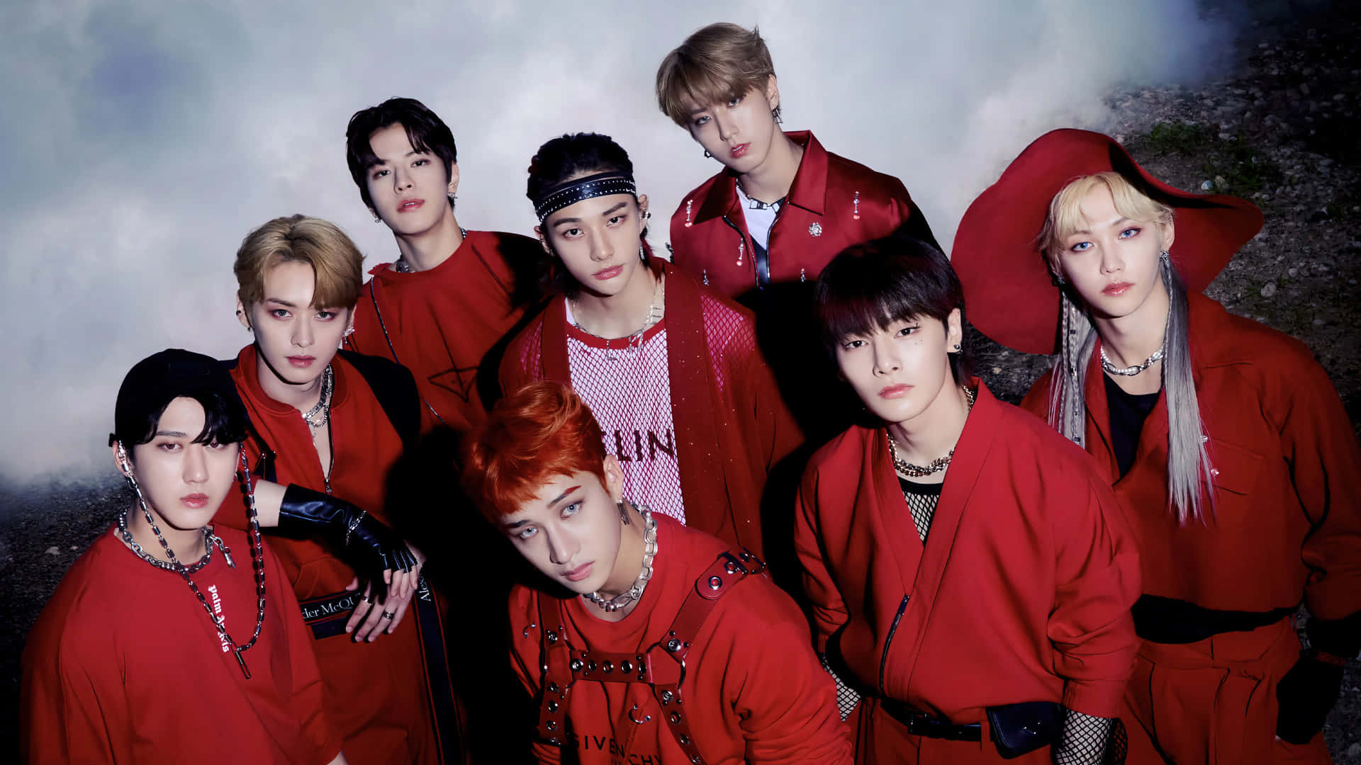Stray Kids Red Outfits Group Shot Wallpaper