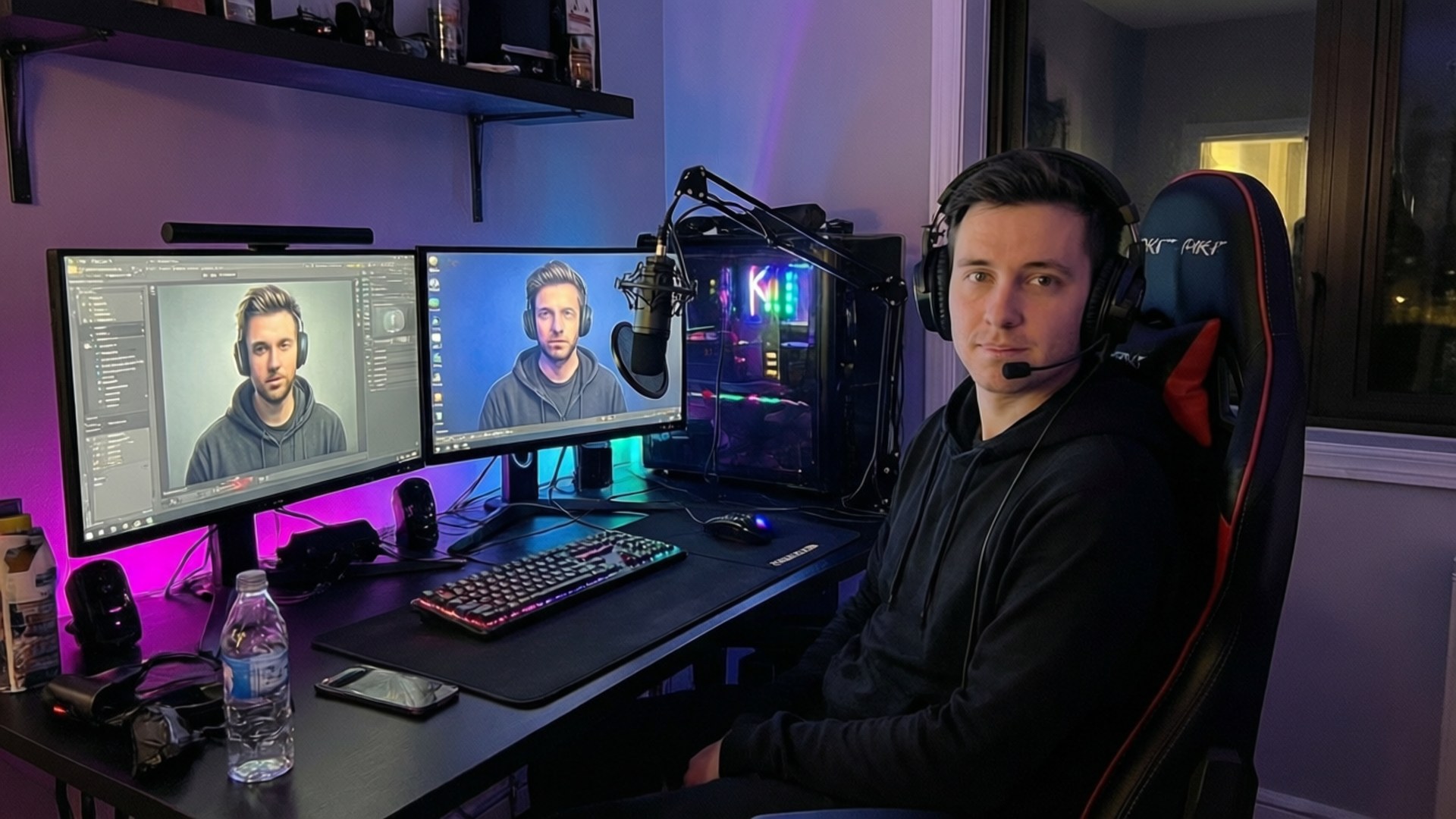 Kai Cenat ved sit streaming setup med RGB-lys og dobbelte skærme