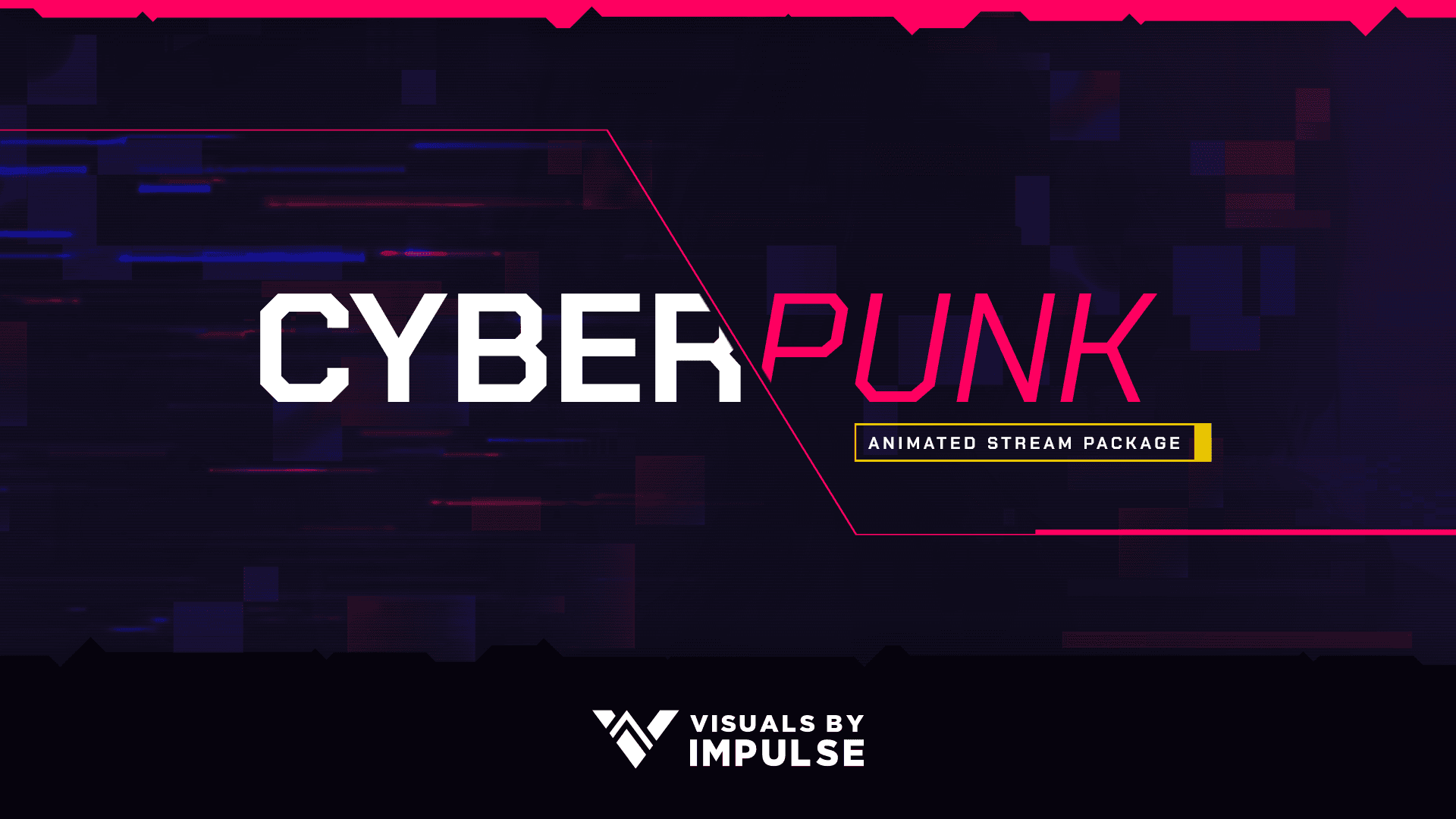An illustration of a streaming background with a combination of colorful shapes Background — Bold cyberpunk text glows against a glitchy dark background with neon pink and blue digital artifacts.