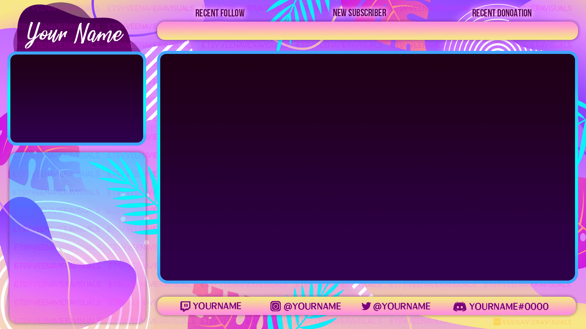 Get Ready for Entertaining Streaming Experiences Background — Vibrant neon purple and pink streaming channel overlay with tropical leaf patterns and social media placeholders.