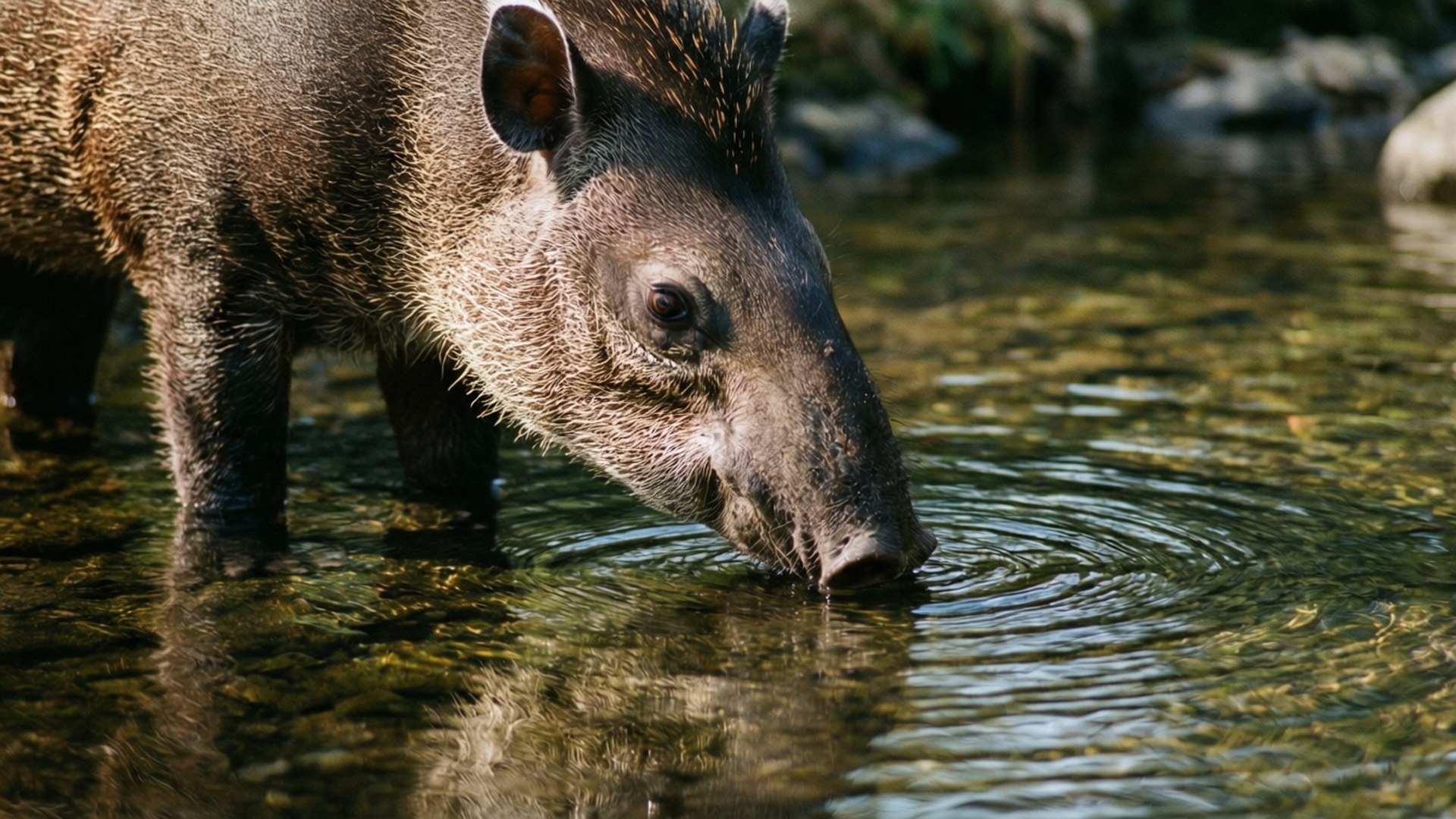 Ein Tapir, der Wasser aus einem ruhigen Waldbach trinkt.