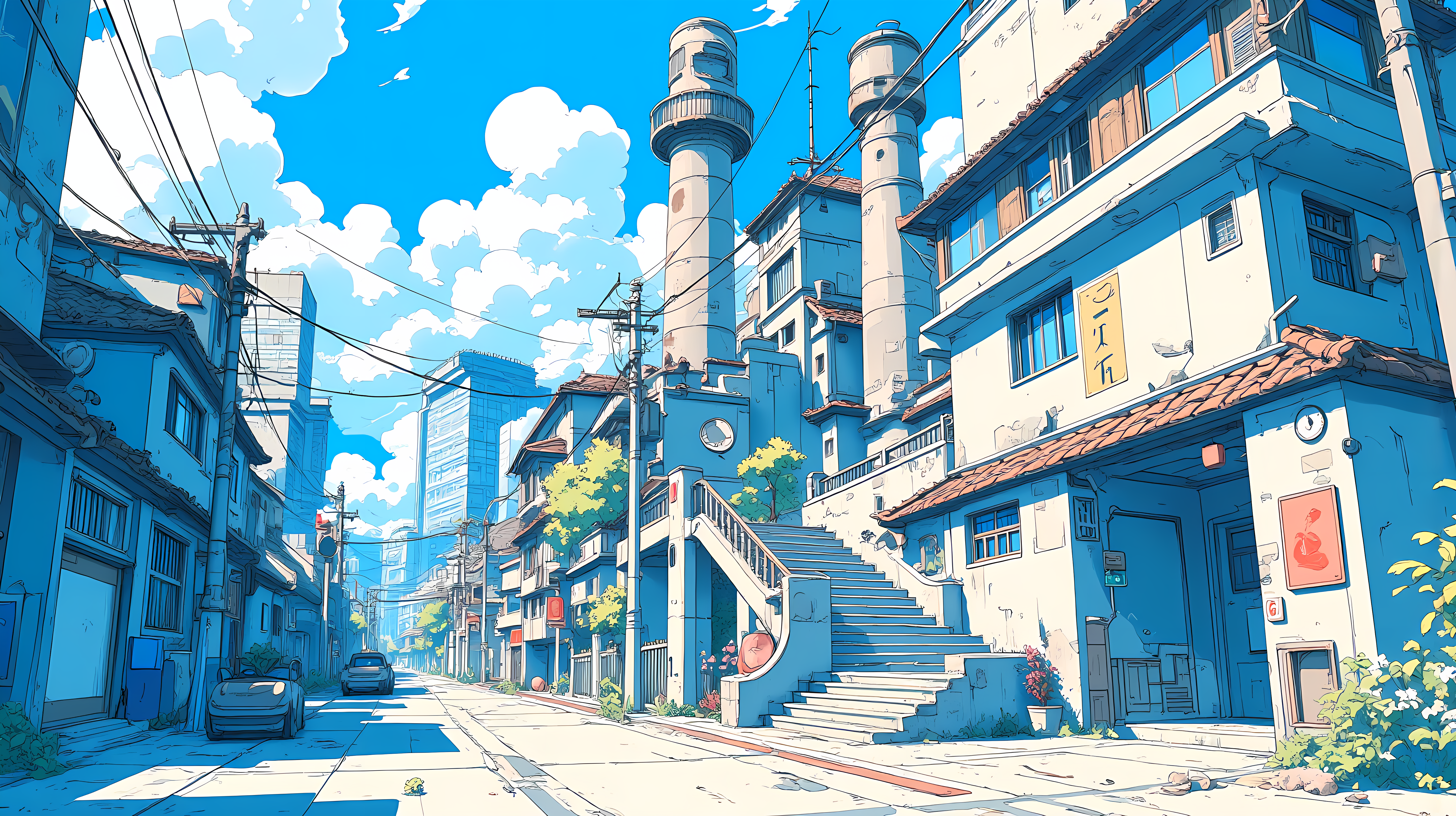 street PNG — A bright blue anime-style street scene with traditional buildings, staircases, and cars under a sunny sky with fluffy clouds.