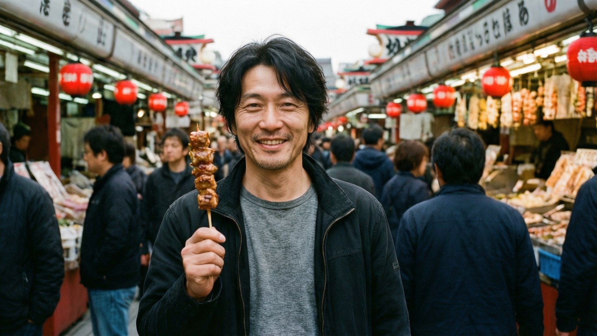 Livlig bakgrunnsbilde av Walker Yumasaki som nyter mat på et japansk marked