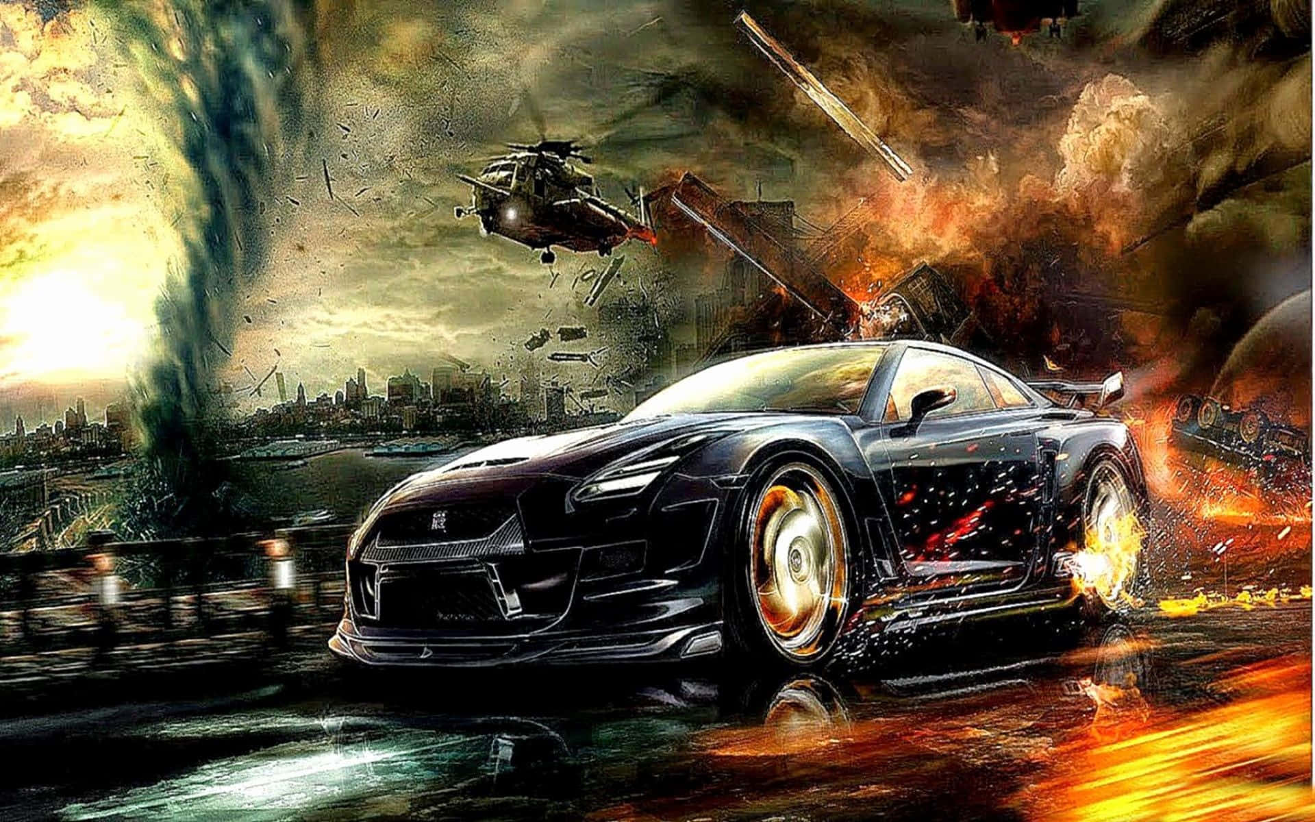 Street Racing Car Chased By Helicopter Wallpaper