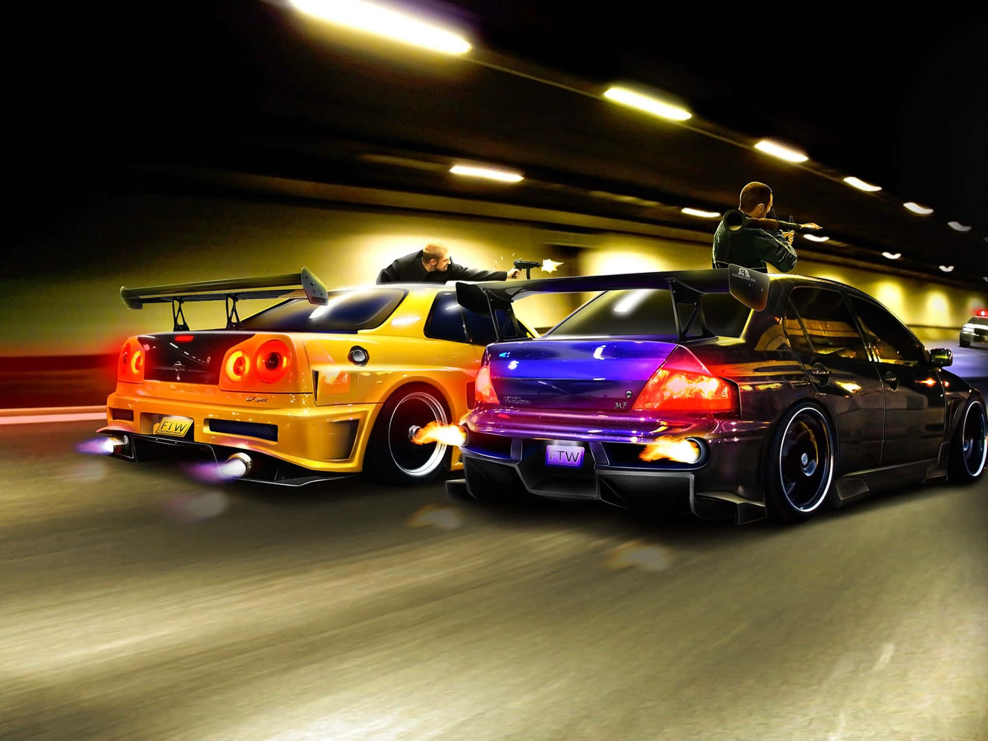 Blue And Yellow Street Racing Cars Wallpaper