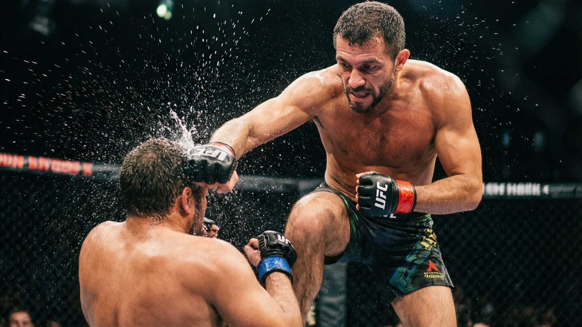 Two MMA fighters in an octagon with sweat flying as one delivers a high kick.