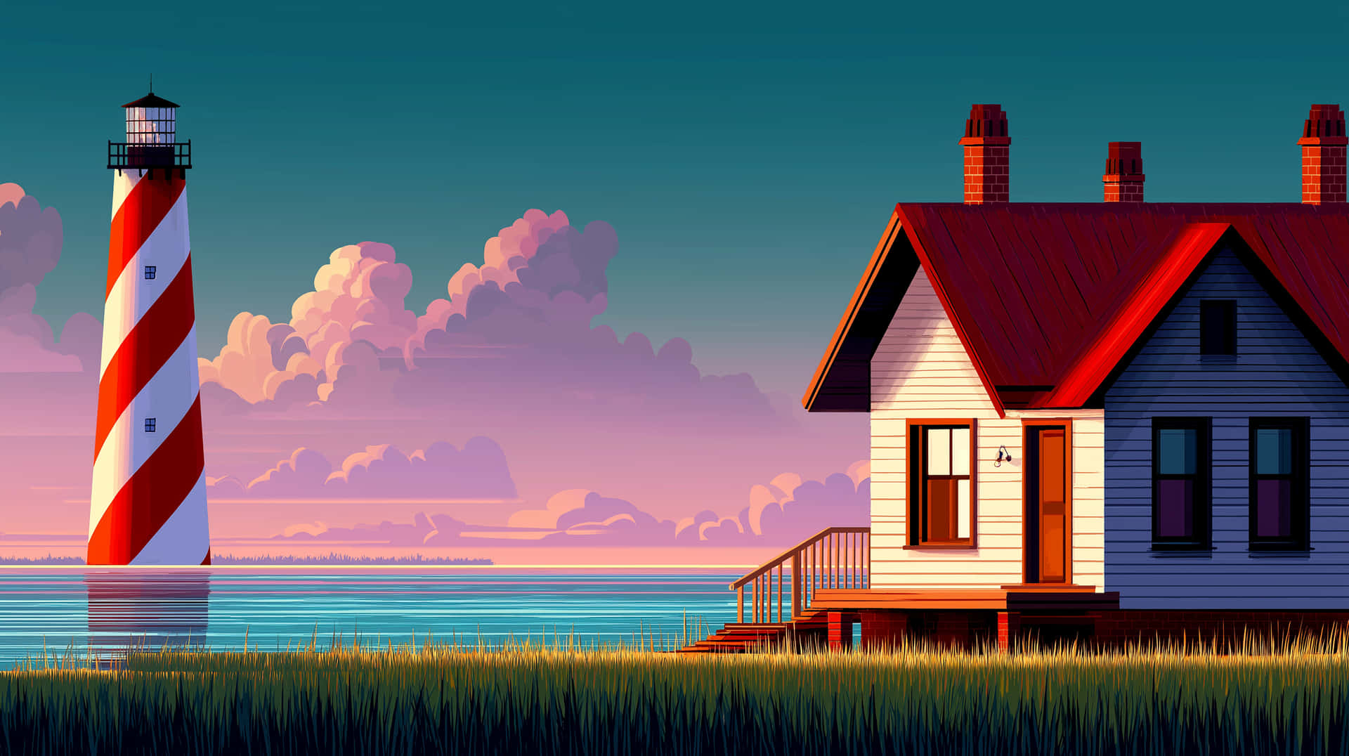 Striking Coastal Lighthouse And House By The Water Wallpaper