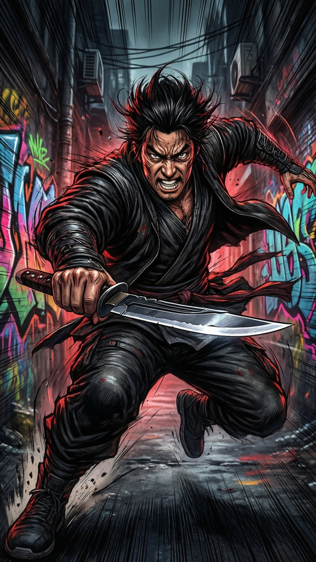 Pose de acción dinámica de Yut-Lung atacando en un callejón oscuro.
