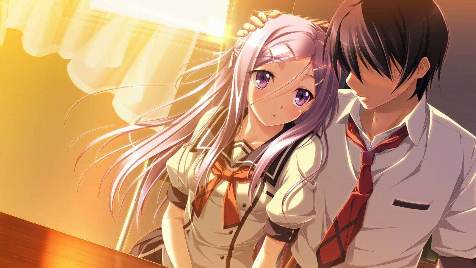 Studentenpaarmit Sonnendurchfluteter Romanze Anime Wallpaper