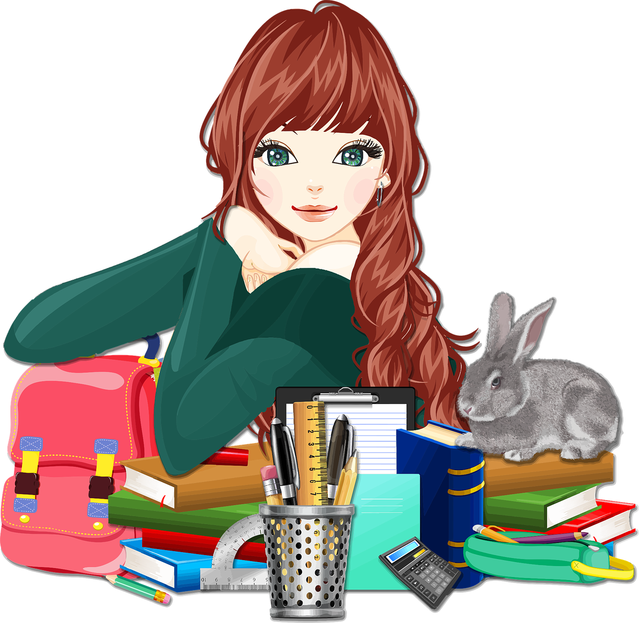Student With Books And Pet Rabbit PNG
