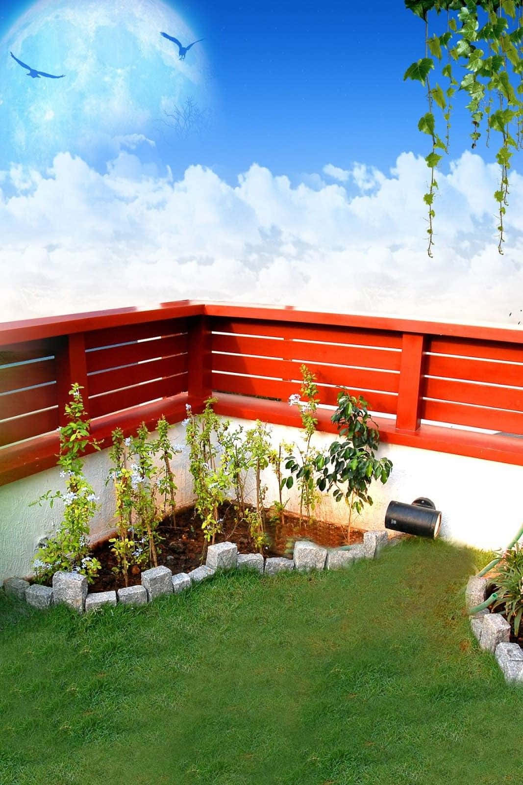 A Small Garden With A Red Fence