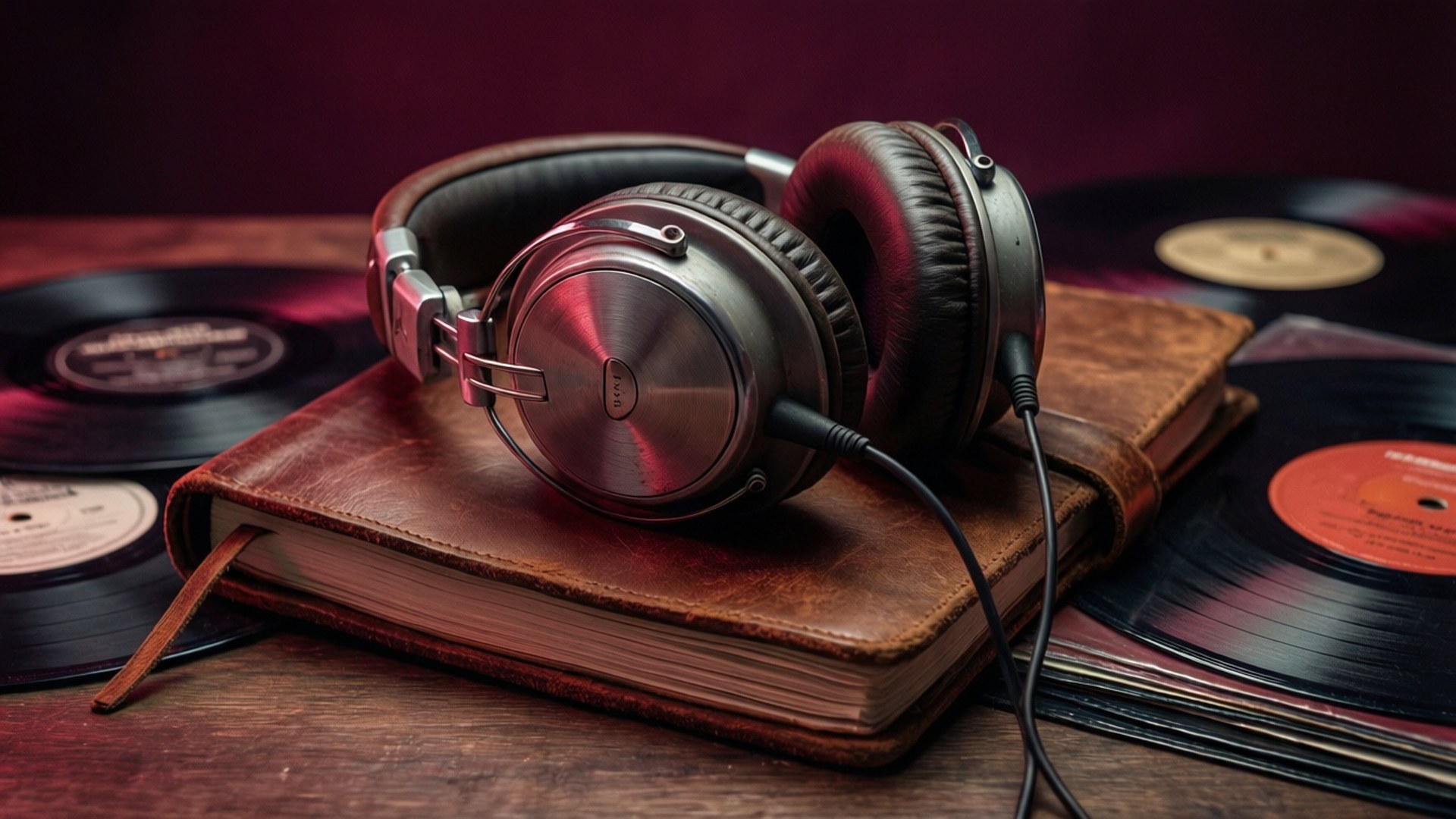 Vintage hodetelefoner på en notatbok med vinyl, koselig R&B-studio scene.