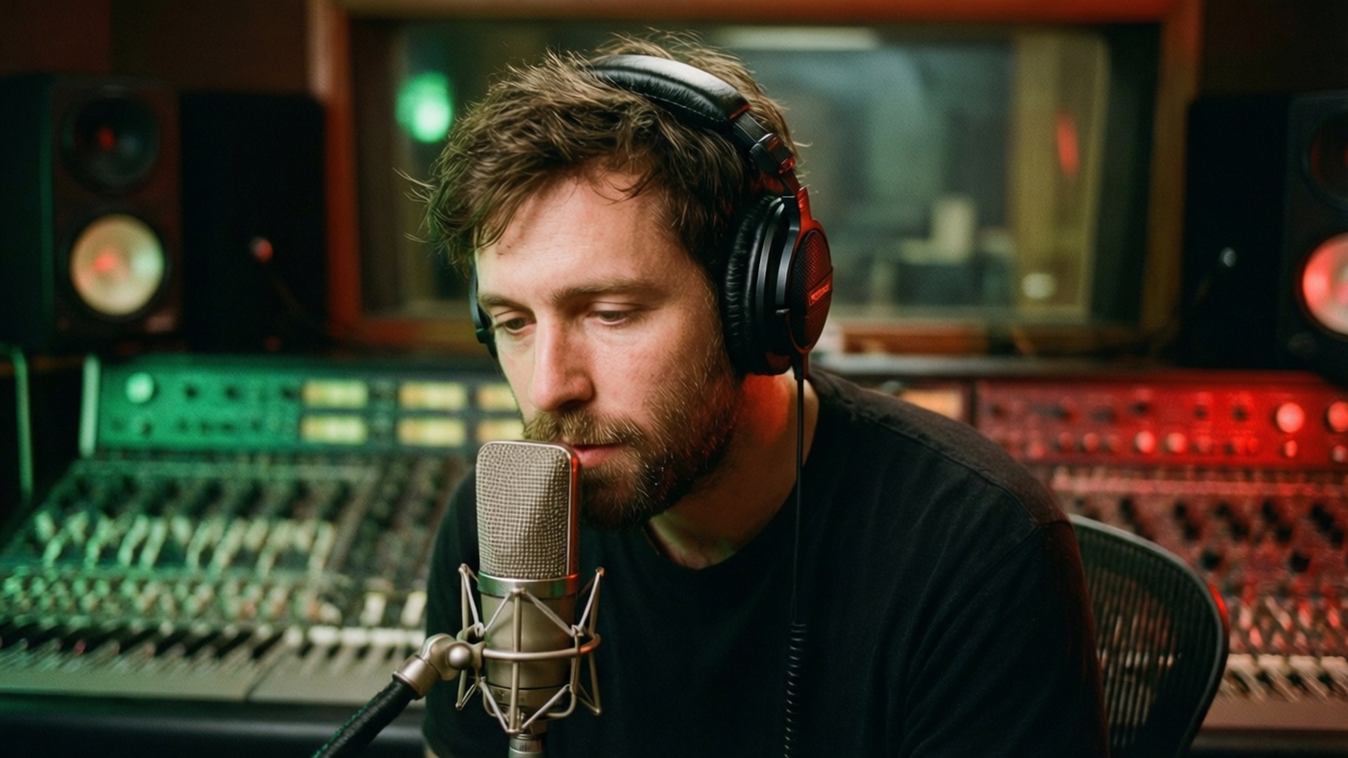 Bailey Zimmerman dans un studio d'enregistrement avec du matériel vintage, concentré sur le microphone.