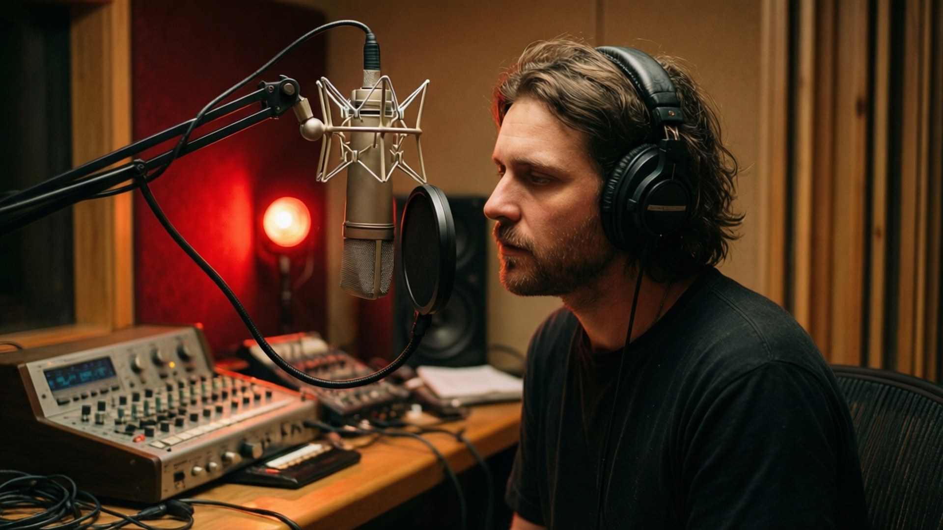 Mo3 recording in a vintage studio booth.