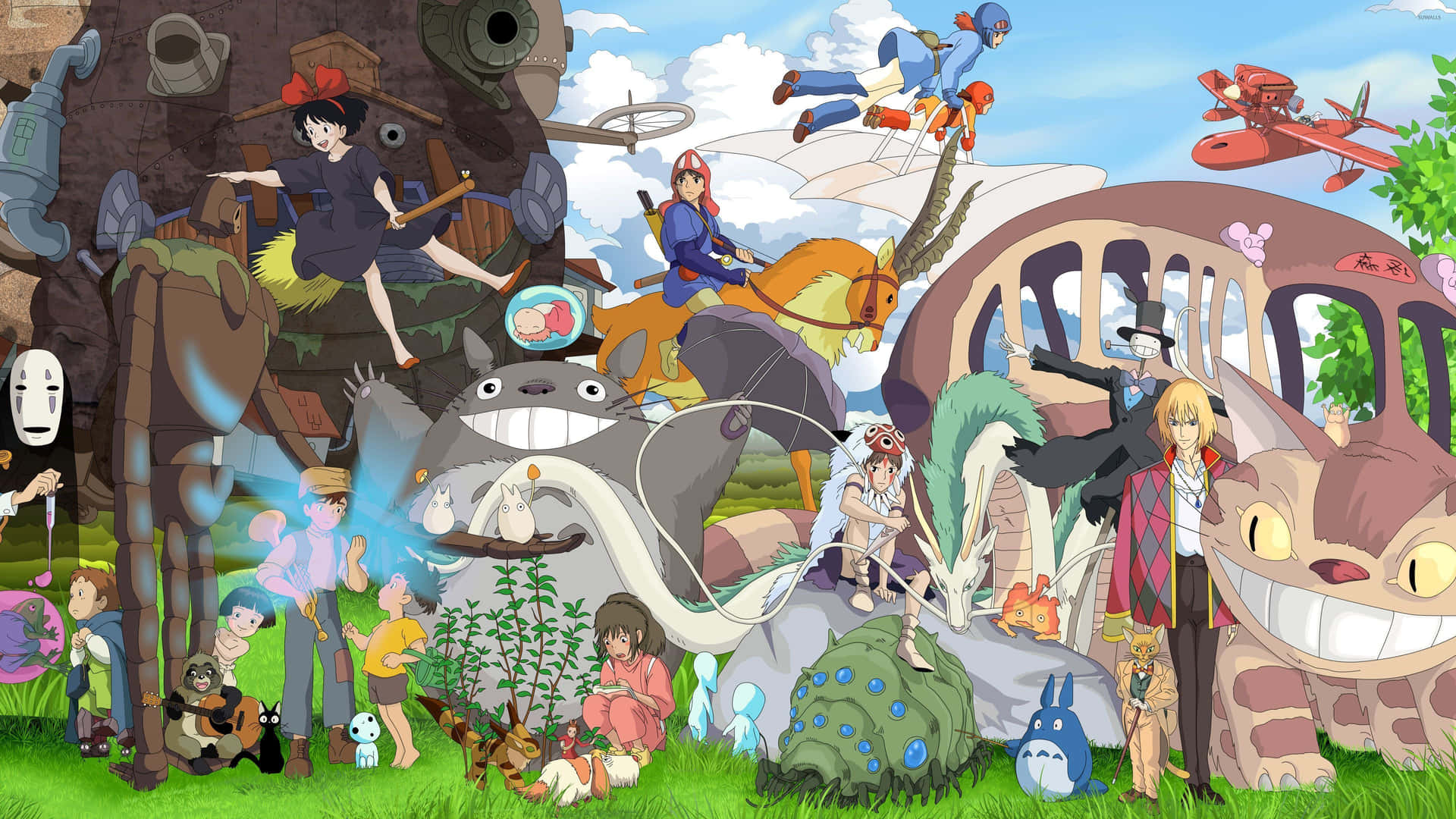 A surrealistic and creative desktop background featuring Studio Ghibli's most beloved characters Wallpaper