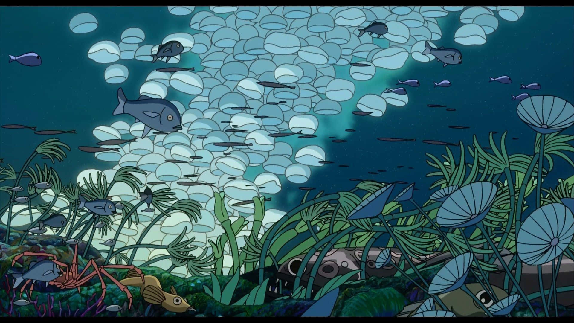 Einekarikatur Von Einem Meer Mit Fischen Und Pflanzen. Wallpaper