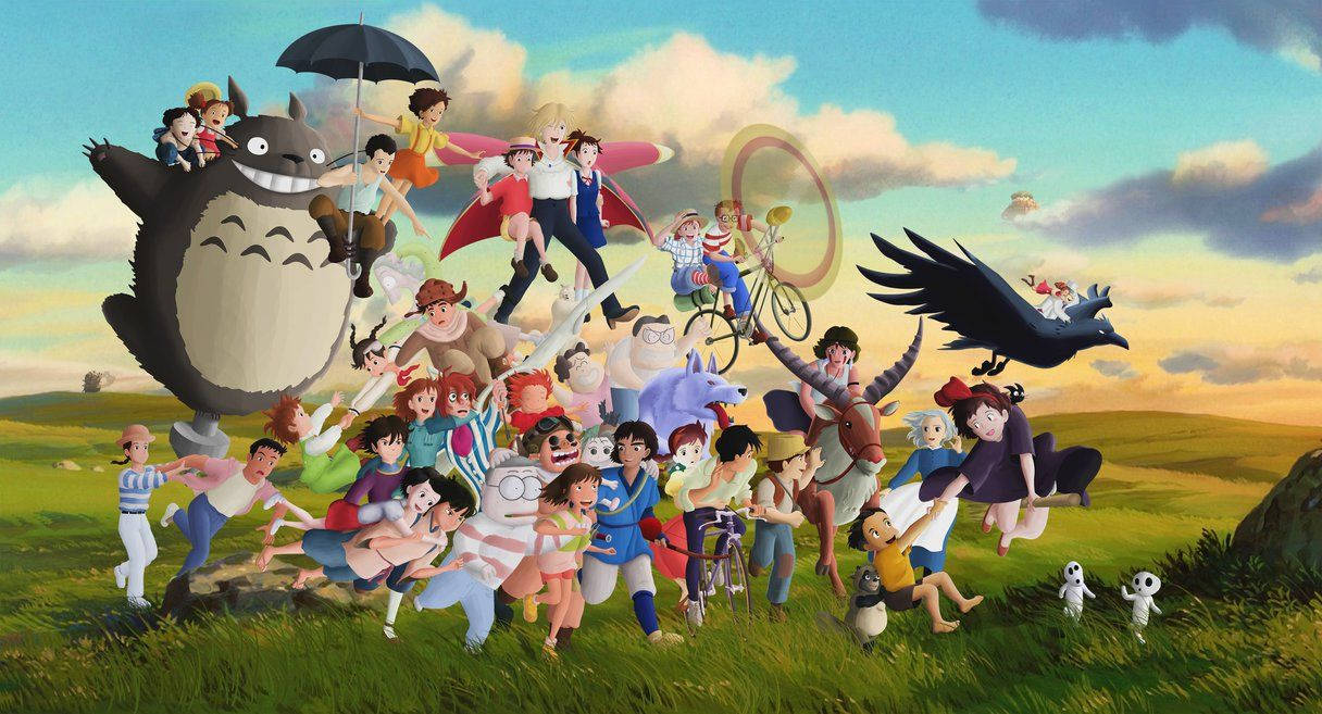 Favoritkaraktärerfrån Studio Ghiblis Filmer, Såsom Totoro, Kiki Och Ponyo, Allihop På Samma Plats. Wallpaper