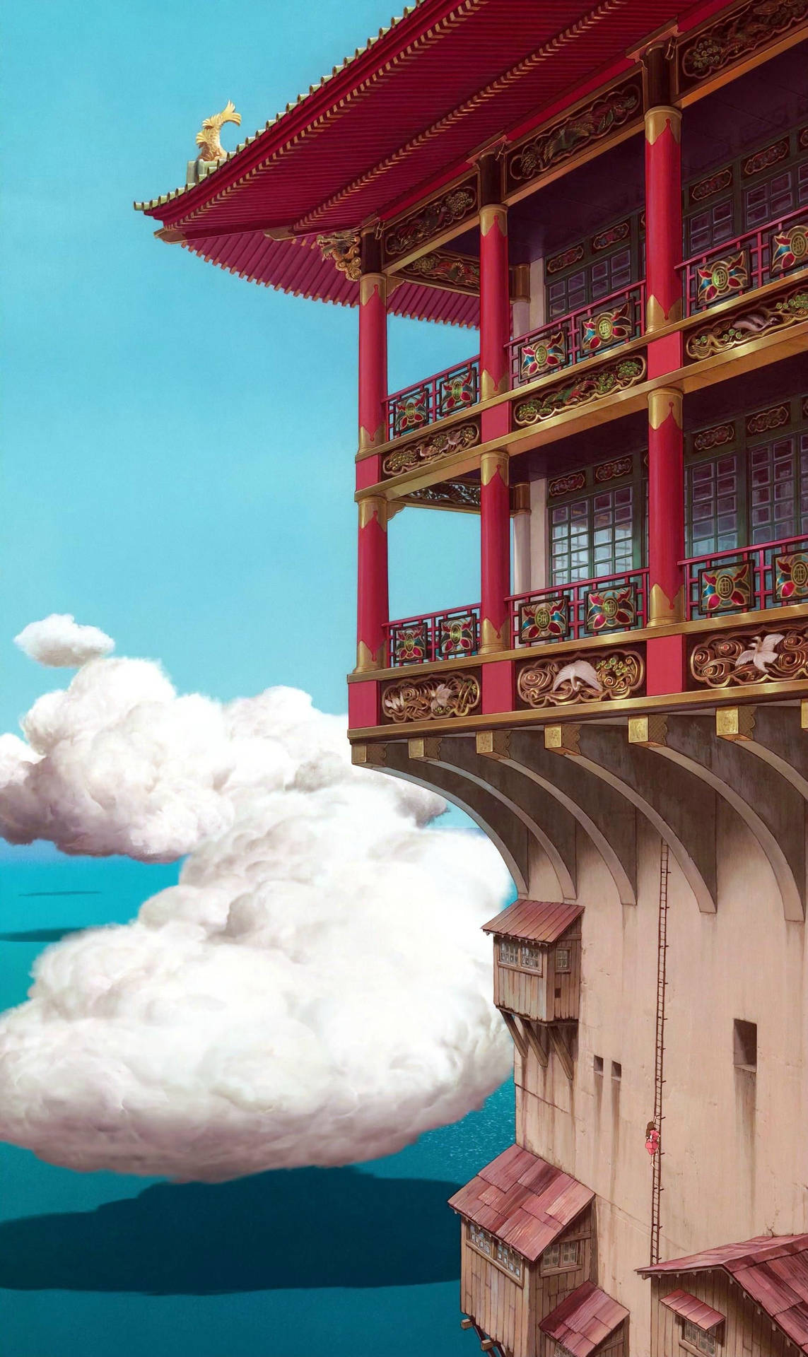 a chinese building with a red roof and clouds Wallpaper