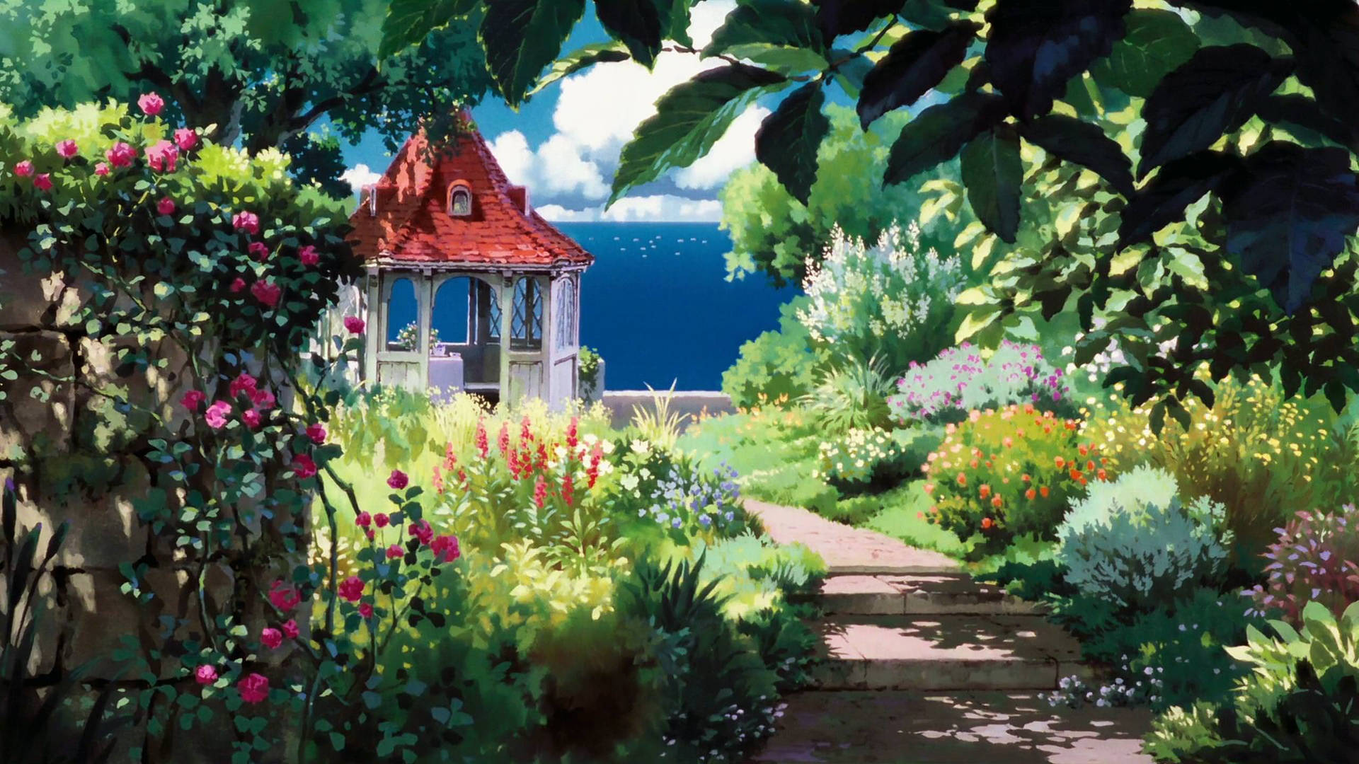 Studio Ghibli Scenery Gazebo In Garden Wallpaper