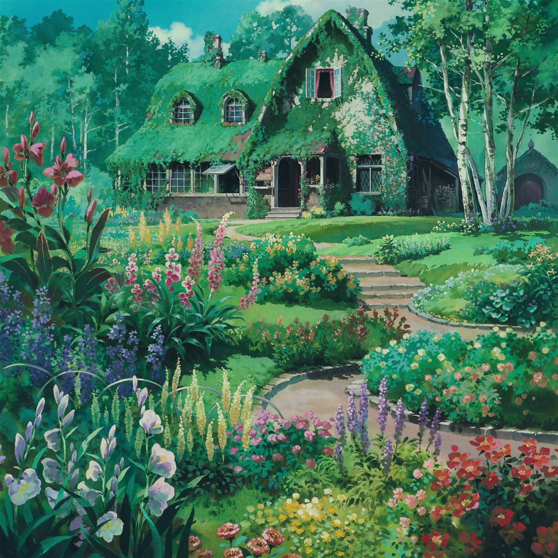 Studio Ghibli Scenery House With Garden Wallpaper