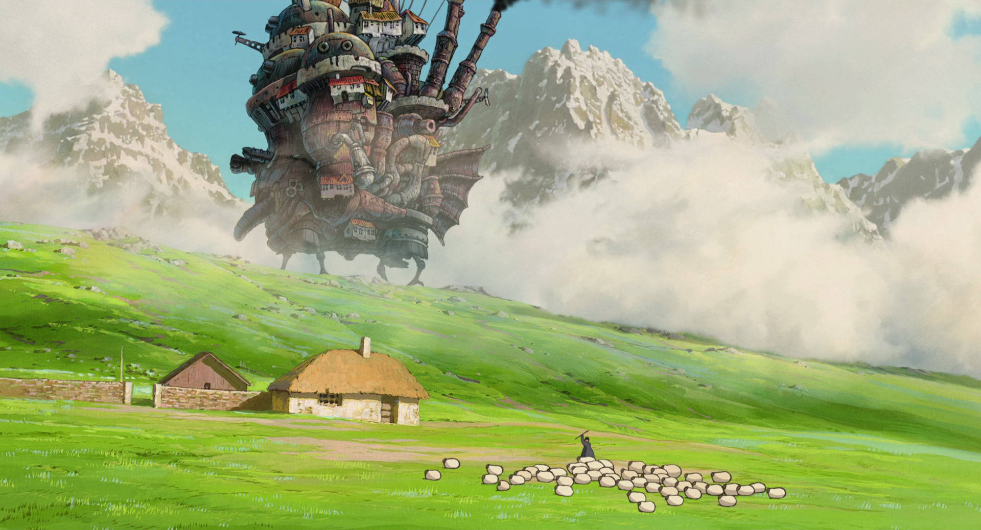 Studio Ghibli Scenery Of Sheep On Farm Wallpaper