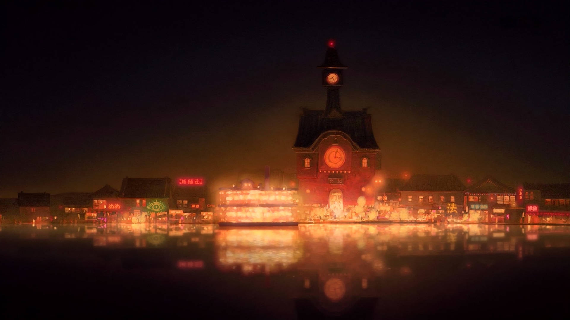 Studio Ghibli Scenery Orange City Lights Wallpaper