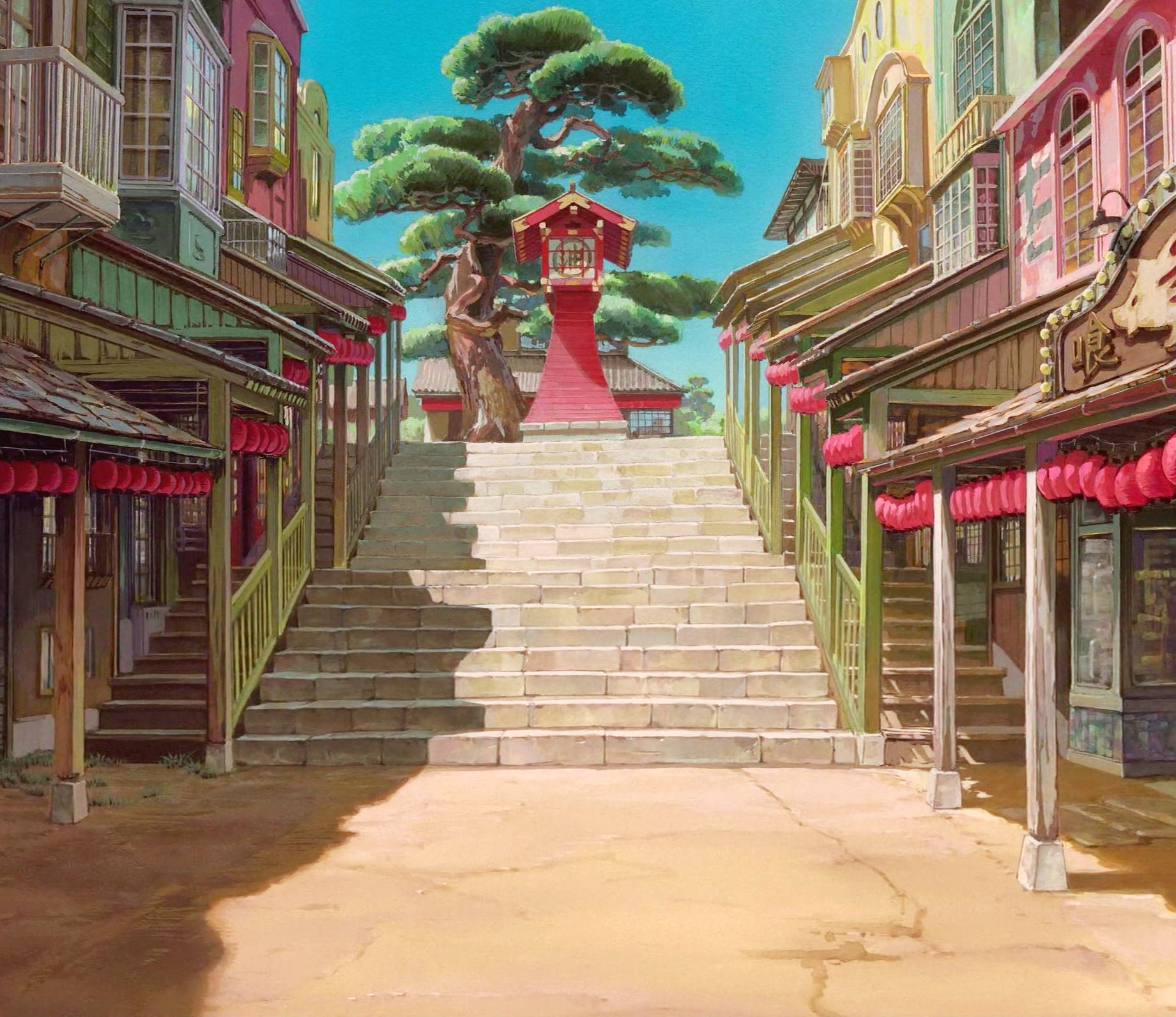 Studio Ghibli Scenery Stairs In Town Wallpaper