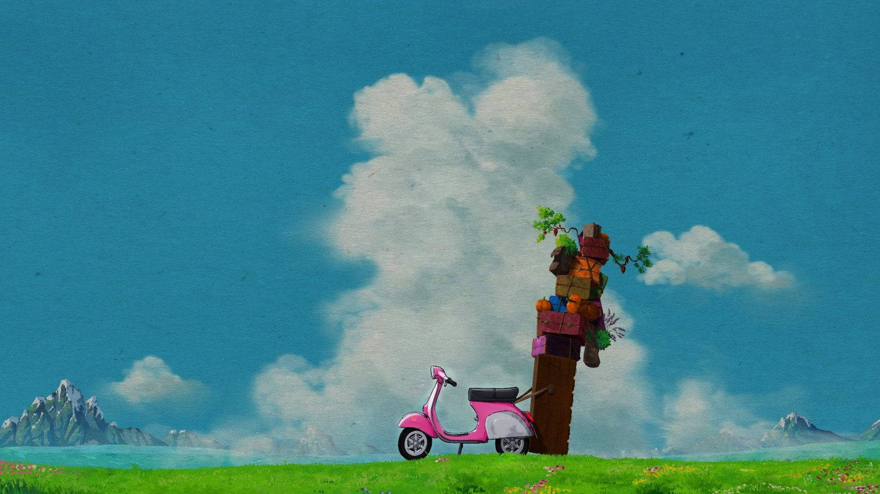 Studio Ghibli Scenery With Pink Scooter Wallpaper