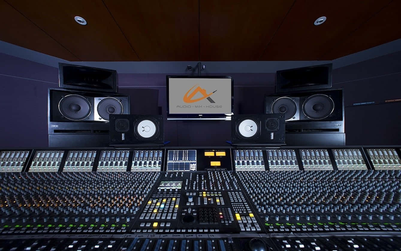 A Recording Studio With A Large Monitor And Speakers
