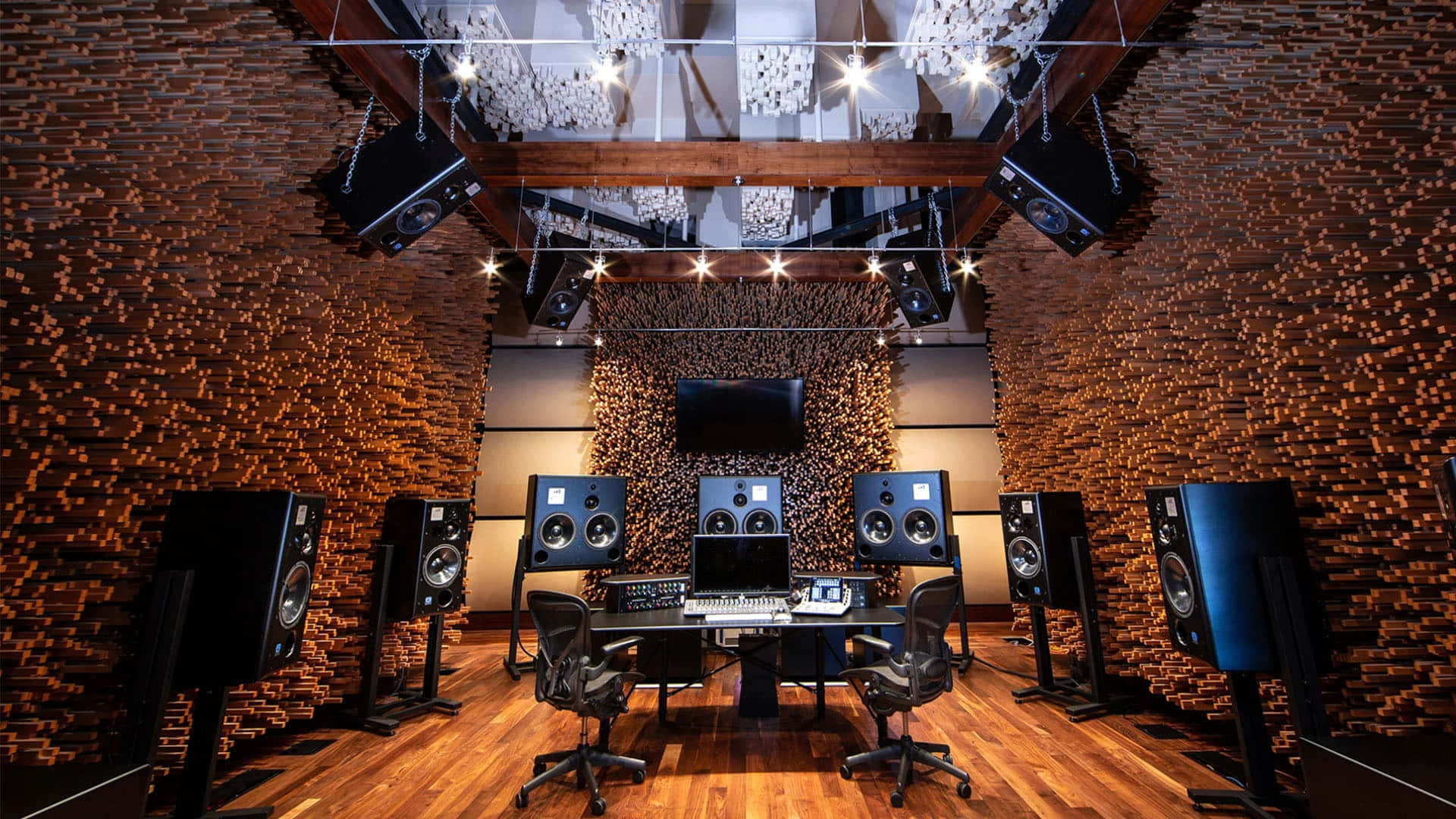 A Recording Studio With Wooden Walls And Wooden Floors
