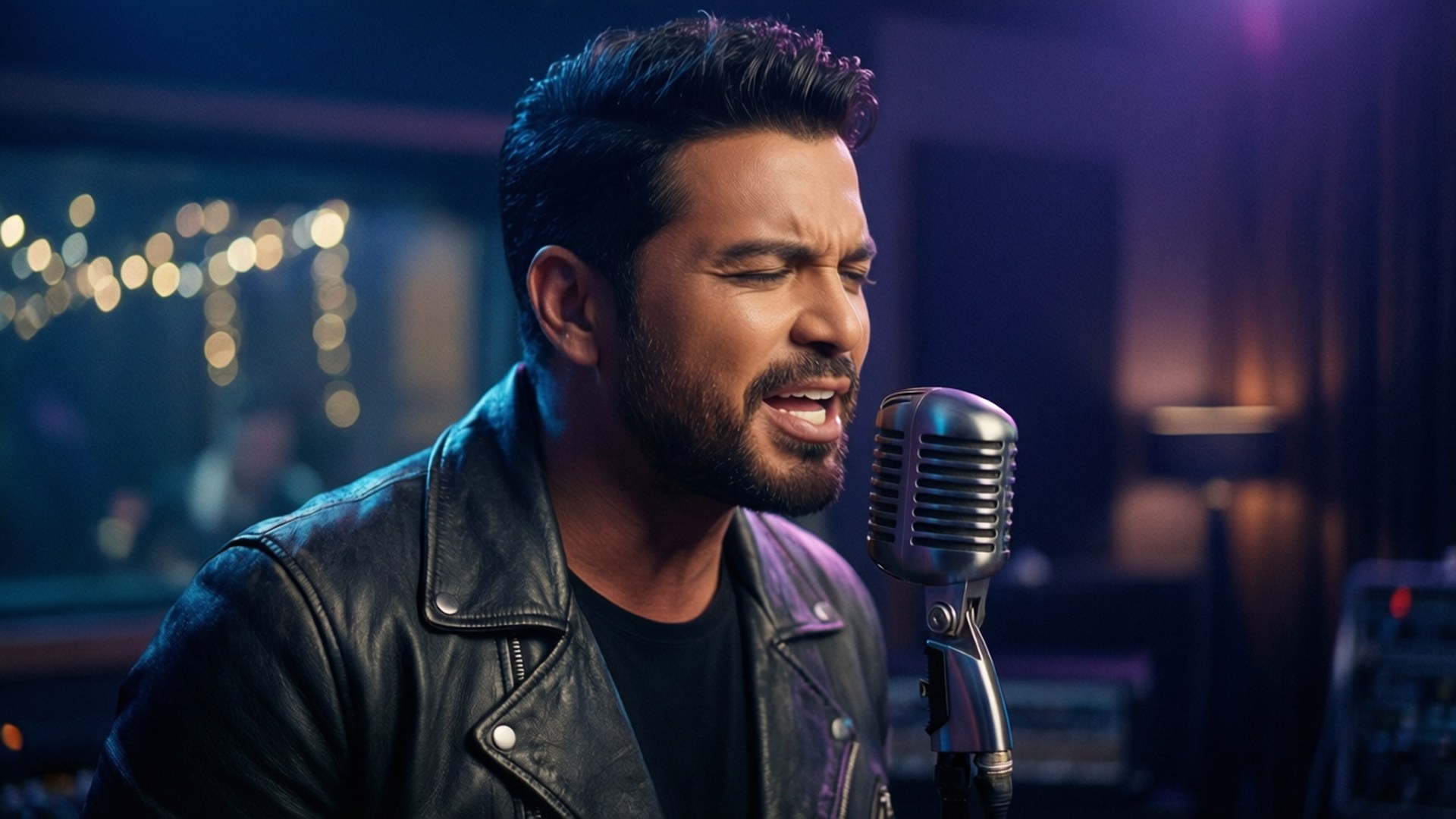 Romeo Santos bernyanyi dengan penuh semangat di studio rekaman dengan pencahayaan yang dramatis.