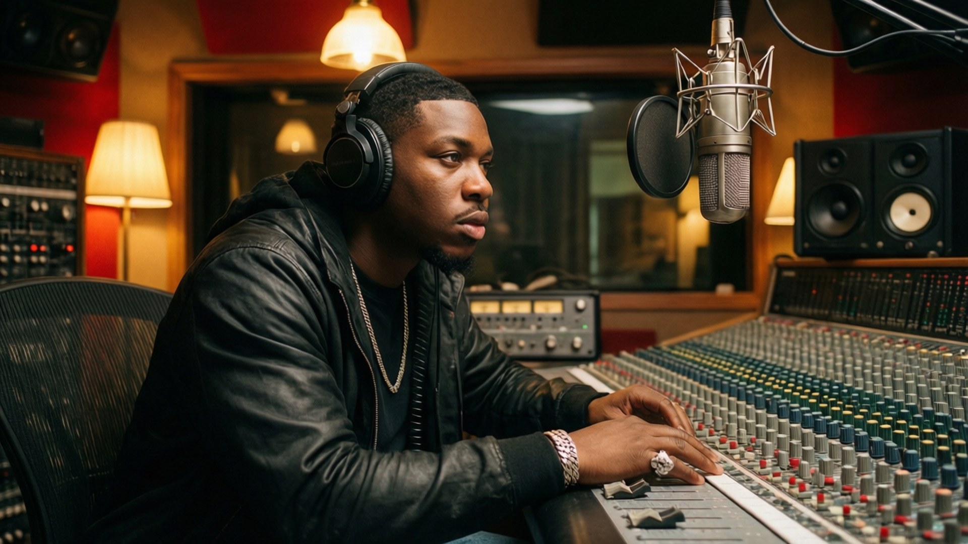 Gunna i innspillingsstudioet ved miksebordet med hodetelefoner