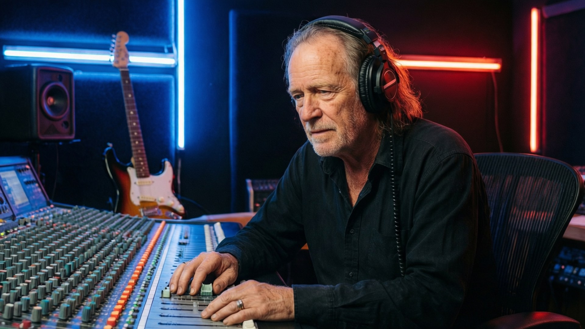Musician in studio adjusting audio mixer under neon lights. wallpaper