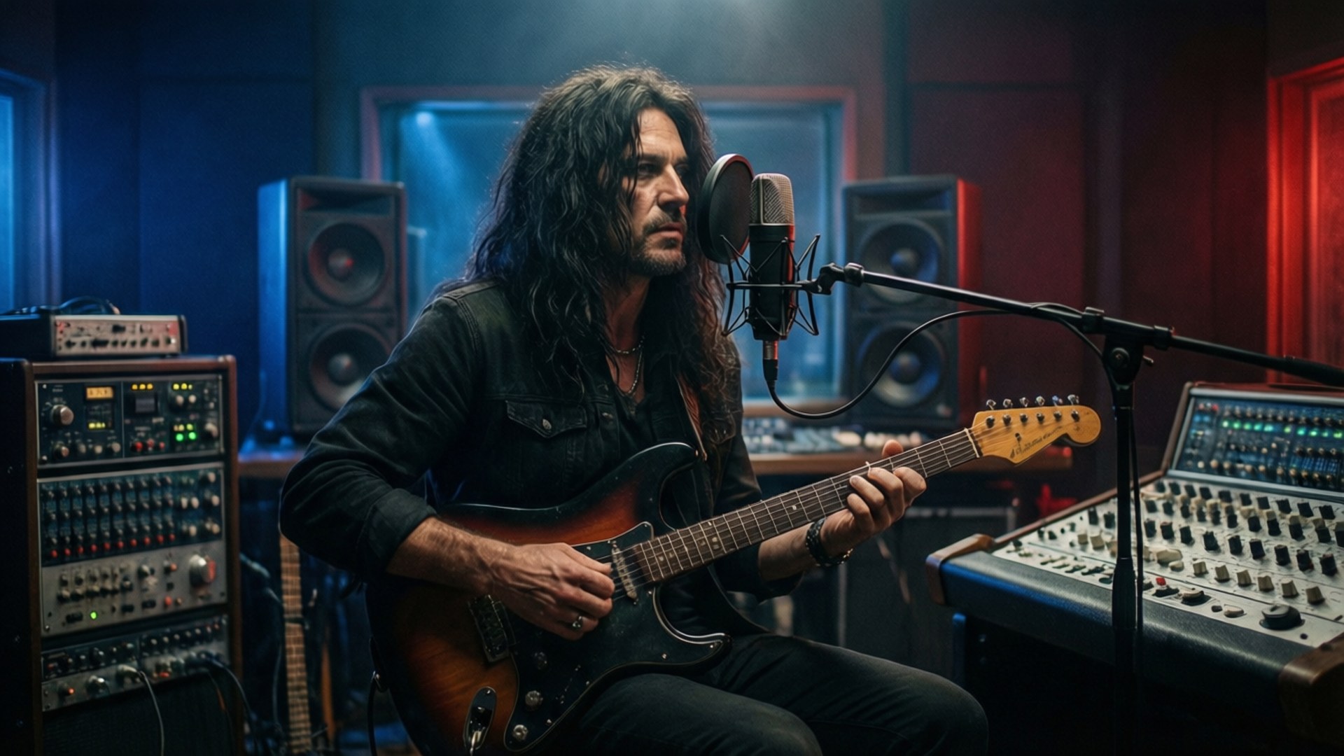 En musiker spiller elektrisk gitar i et innspillingsstudio med lydutstyr og fargede lys.