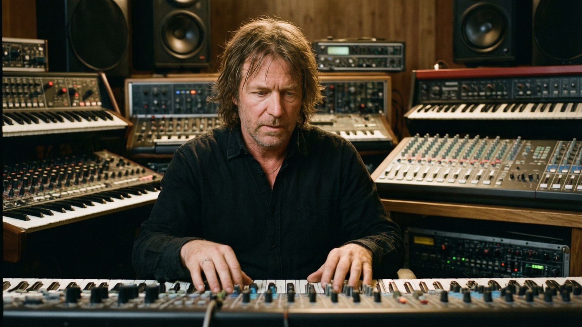 Michael Mayer arbetar i sin musikstudio med analoga synthesizers