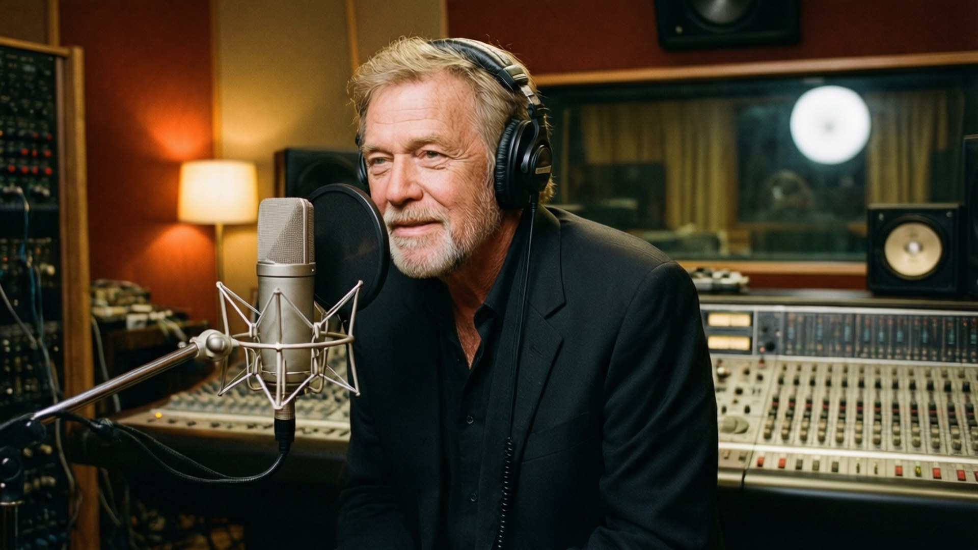 Glen Campbell in a recording studio with headphones and mic
