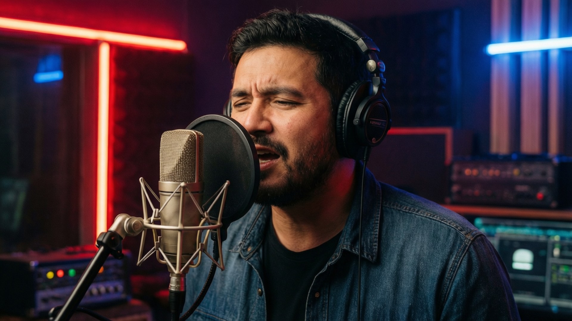 Ivan Cornejo spelar in i en neonbelyst studio