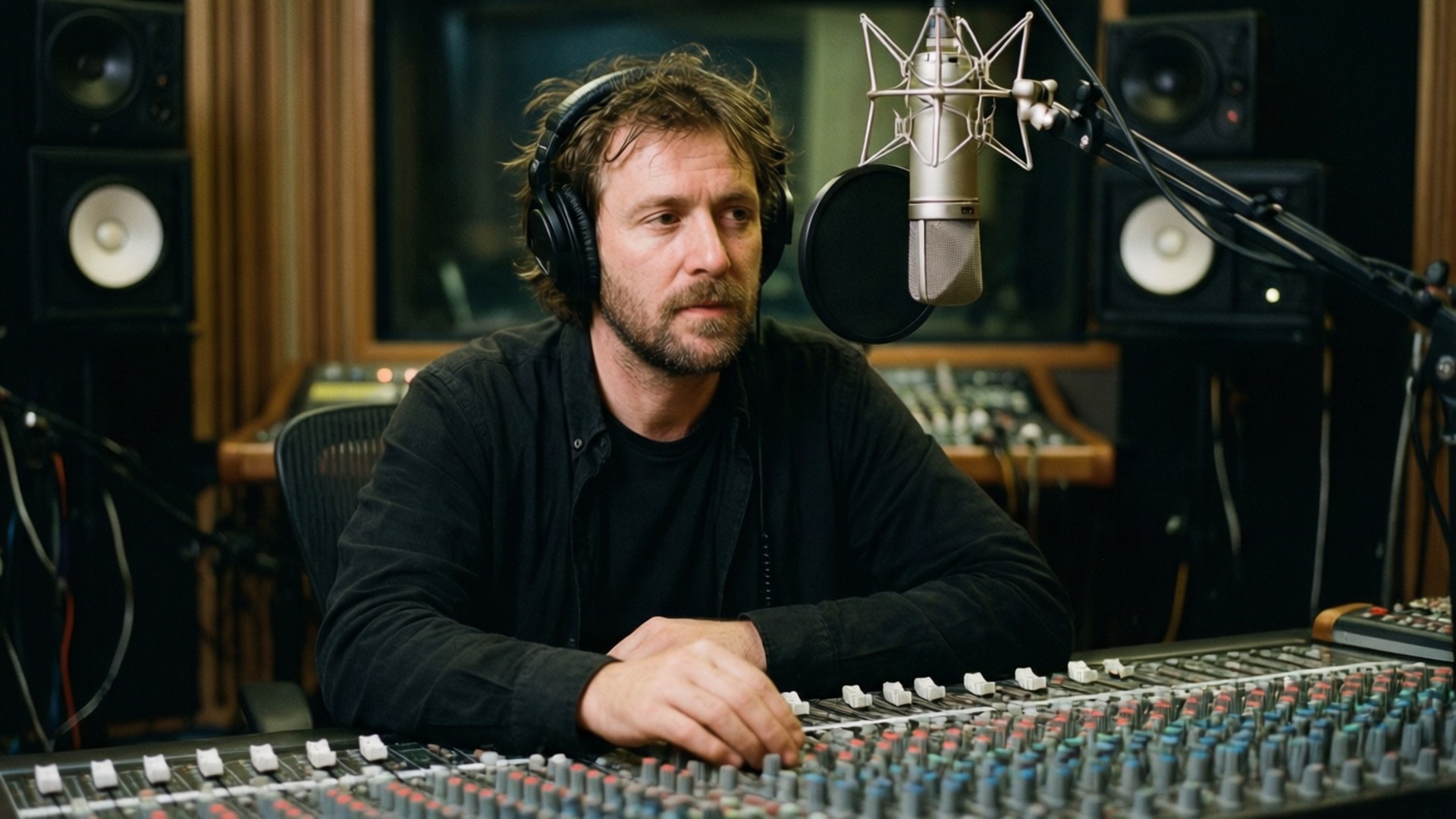 Studio Session Bakgrunner — Ben Azelart produserer musikk i et innspillingsstudio.