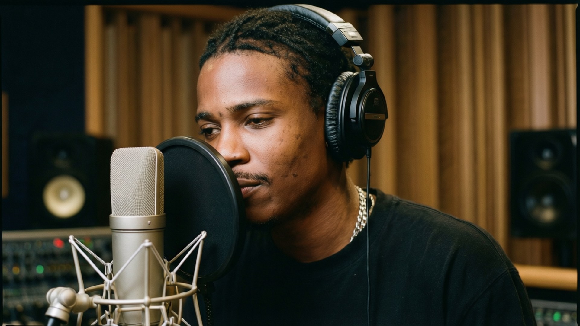 Studio Session Wallpaper — A focused young man with braided hair wears headphones and sings into a studio microphone surrounded by soundproofing panels and speakers.