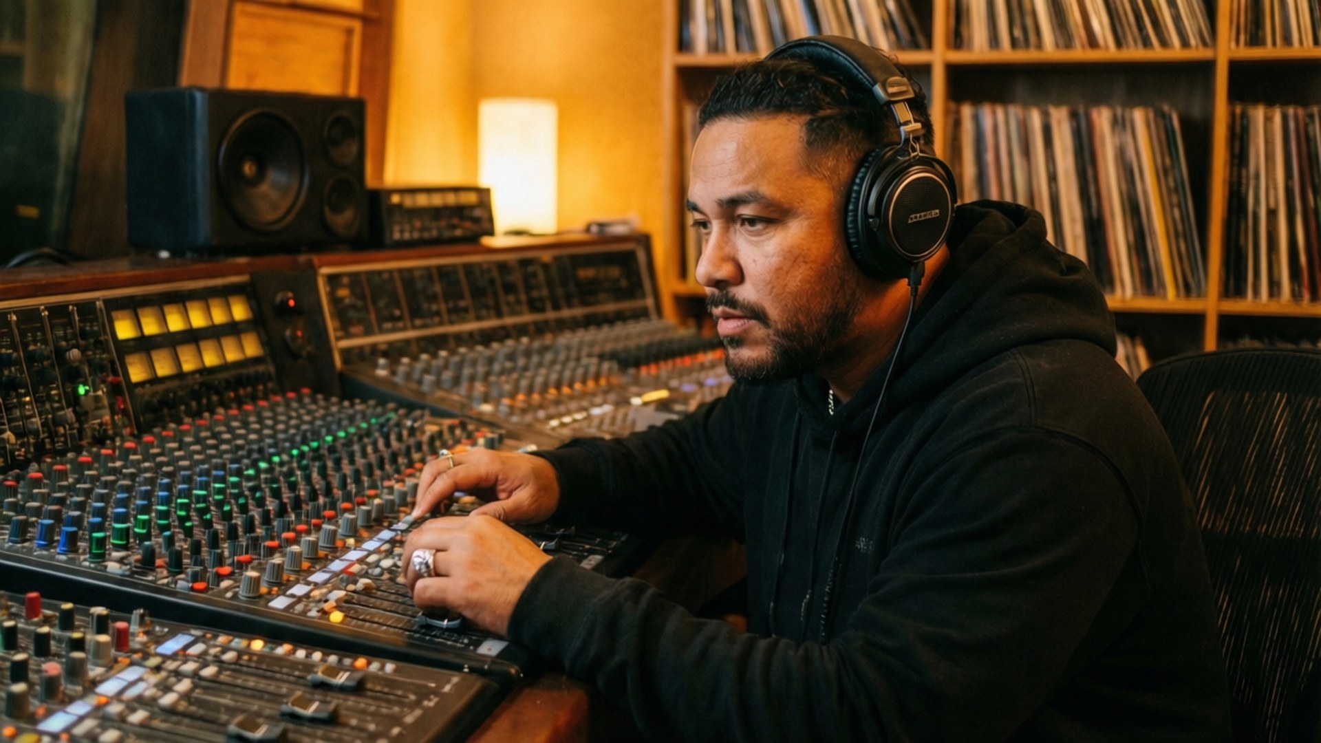 Sessione in Studio Sfondi — Farruko produce musica in uno studio vintage con luci calde.
